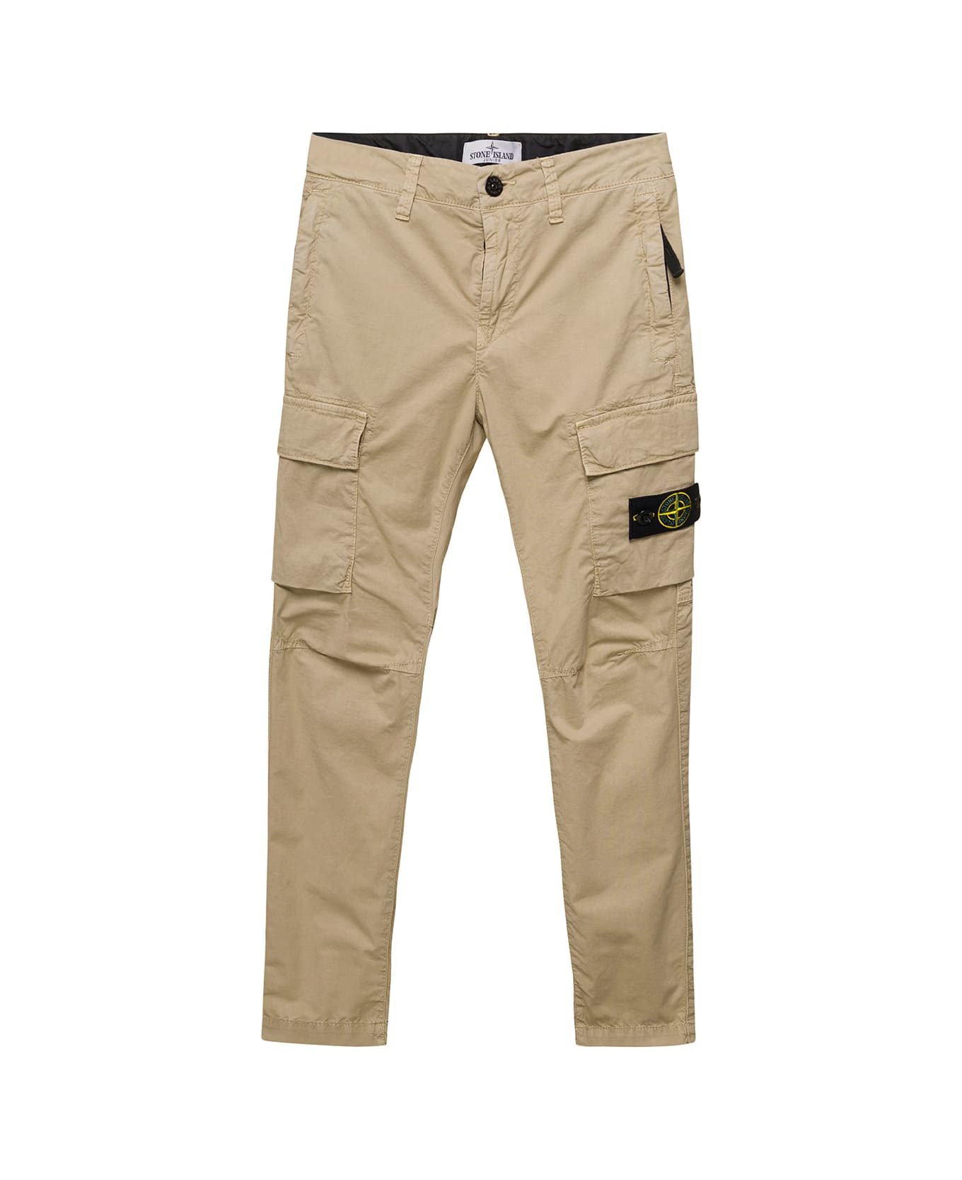 Stone Island Junior Beige Cargo Pants With Logo Patch And Pockets In Stretch Cotton Boy - Beige
