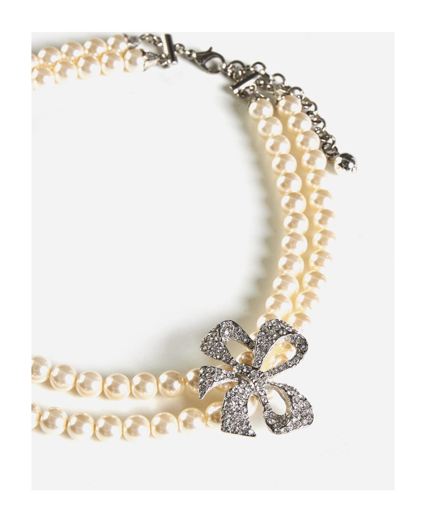 Alessandra Rich Crystal Bow Pearl Necklace - Pearl Silver