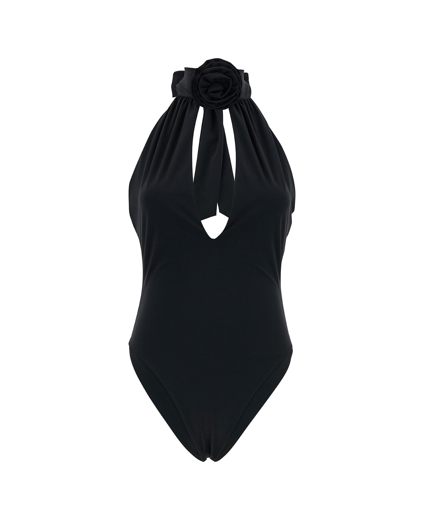 Magda Butrym Black One-piece Swimsuit With Rose Application In Polyamide Woman - Black