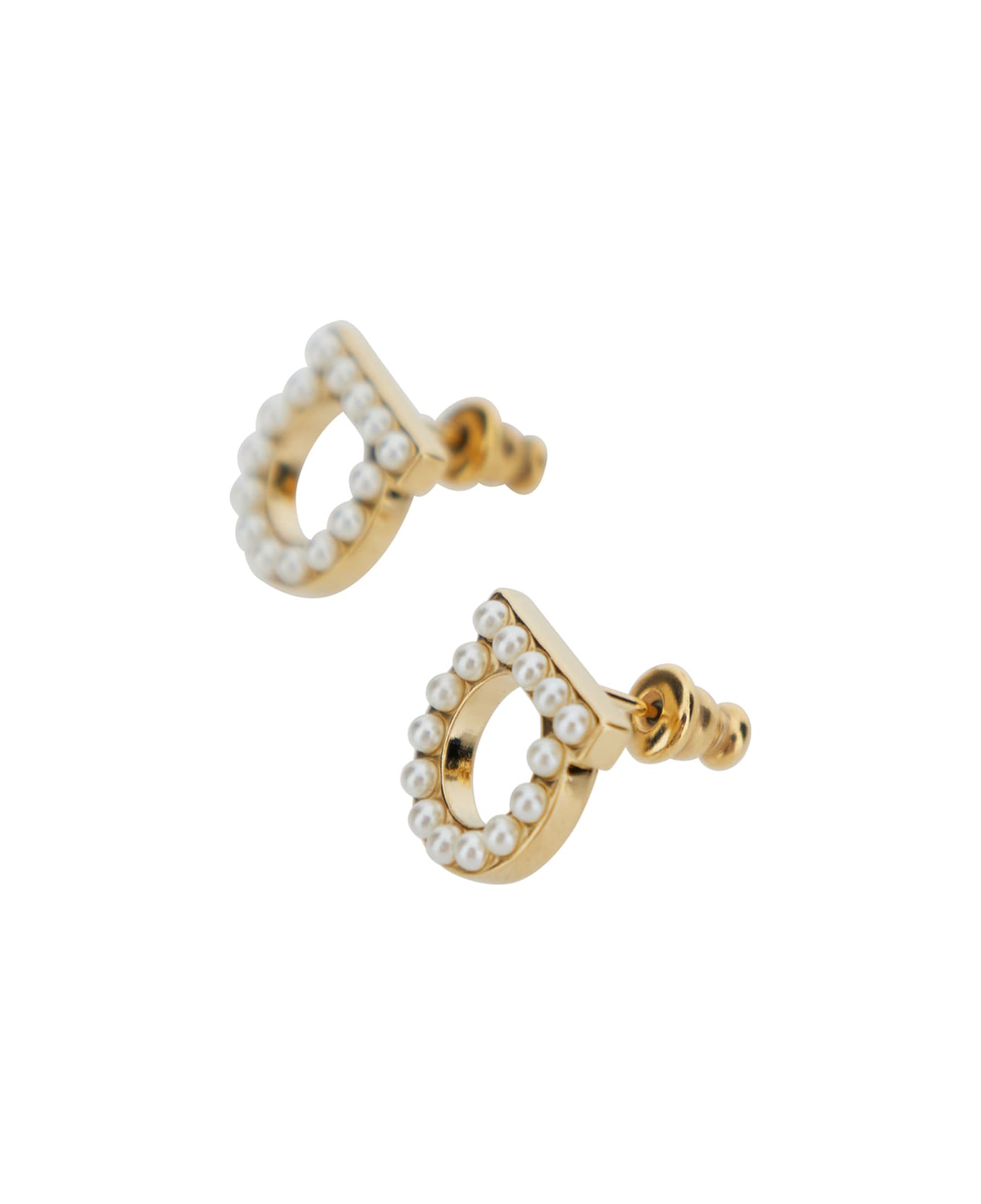 Ferragamo Gold-colored Gancini Earrings With Pearls In Brass Woman - Metallic