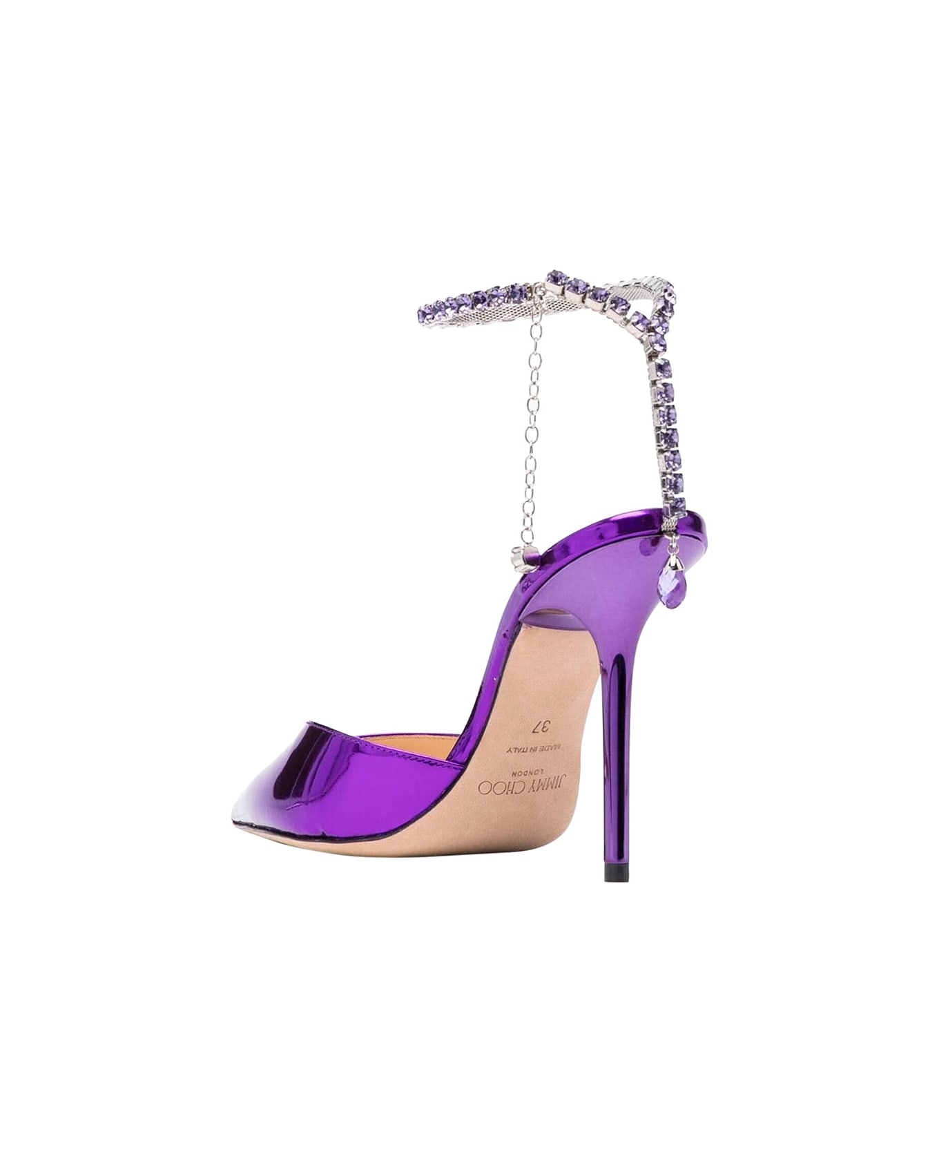 Jimmy Choo 'saeda' Purple Pointed And Closed Toe Sandals With Rhinestone Chain In Metallic Leather Woman - Violet ハイヒール