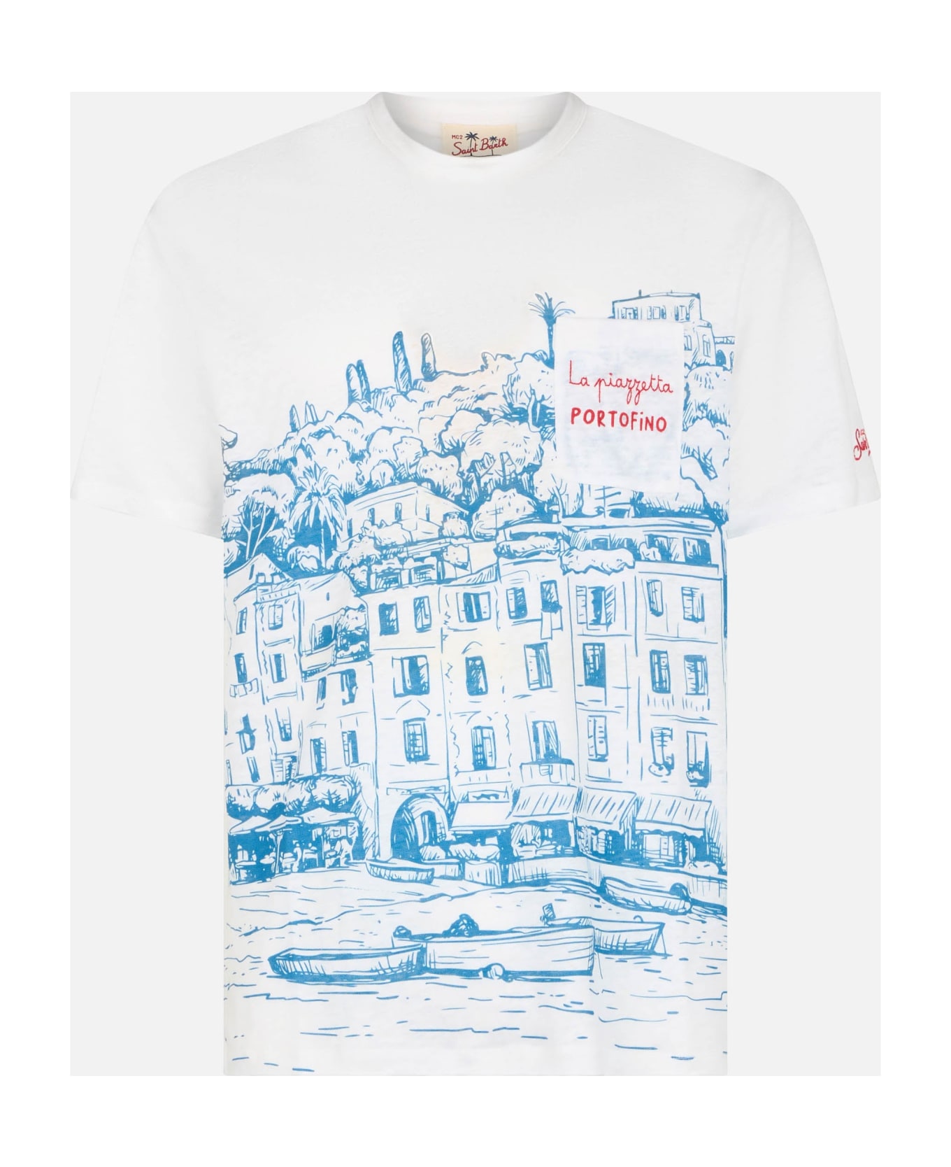 MC2 Saint Barth Man Linen Jersey T-shirt Ecstasea With Portofino Placed Print And Embroidered Pocket - WHITE