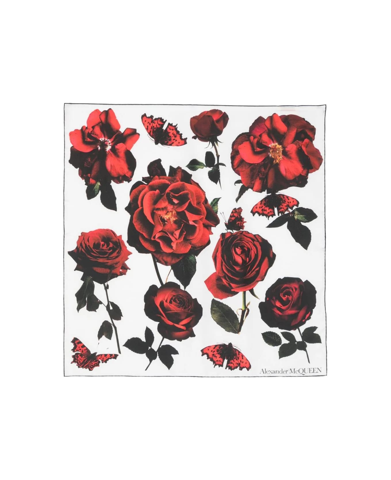 Alexander McQueen White Silk Scarf With Red Roses Print - White