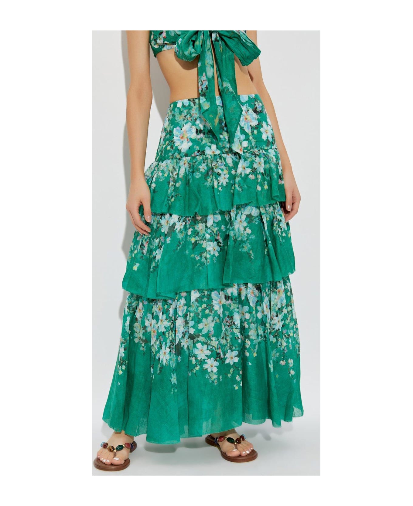 Zimmermann Everley Tiered Floral Printed Midi Skirt - Verde