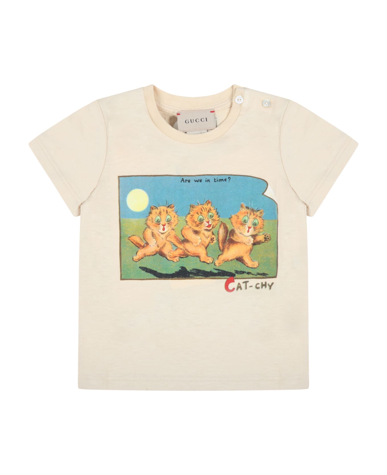 Gucci Beige T-shirt For Babykids With Cats And Logo - Beige