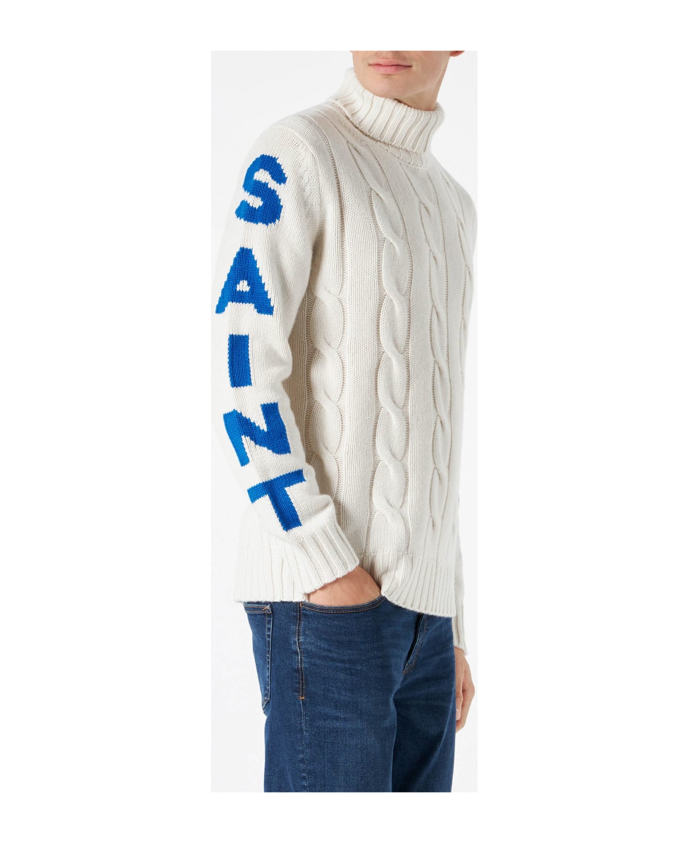 MC2 Saint Barth Man Turtleneck Braided Sweater With Saint Moritz Print - WHITE ニットウェア