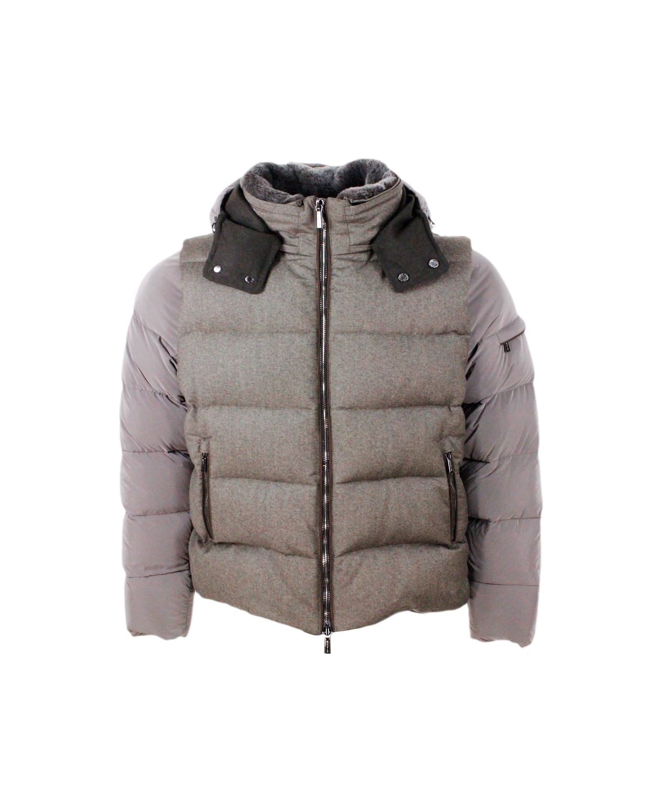 Moorer Bomber Down Jacket Made Of Fine Wool And Cashmere Flannel And Nylon Sleeves. Goose Down Padding. Collar With Detachable Fur And Hood - Cacao