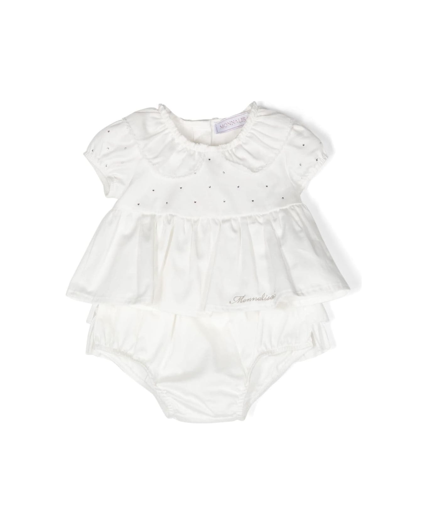 Monnalisa White Romper With Peter Pan Collar And Rhinestone In Cotton Baby - White