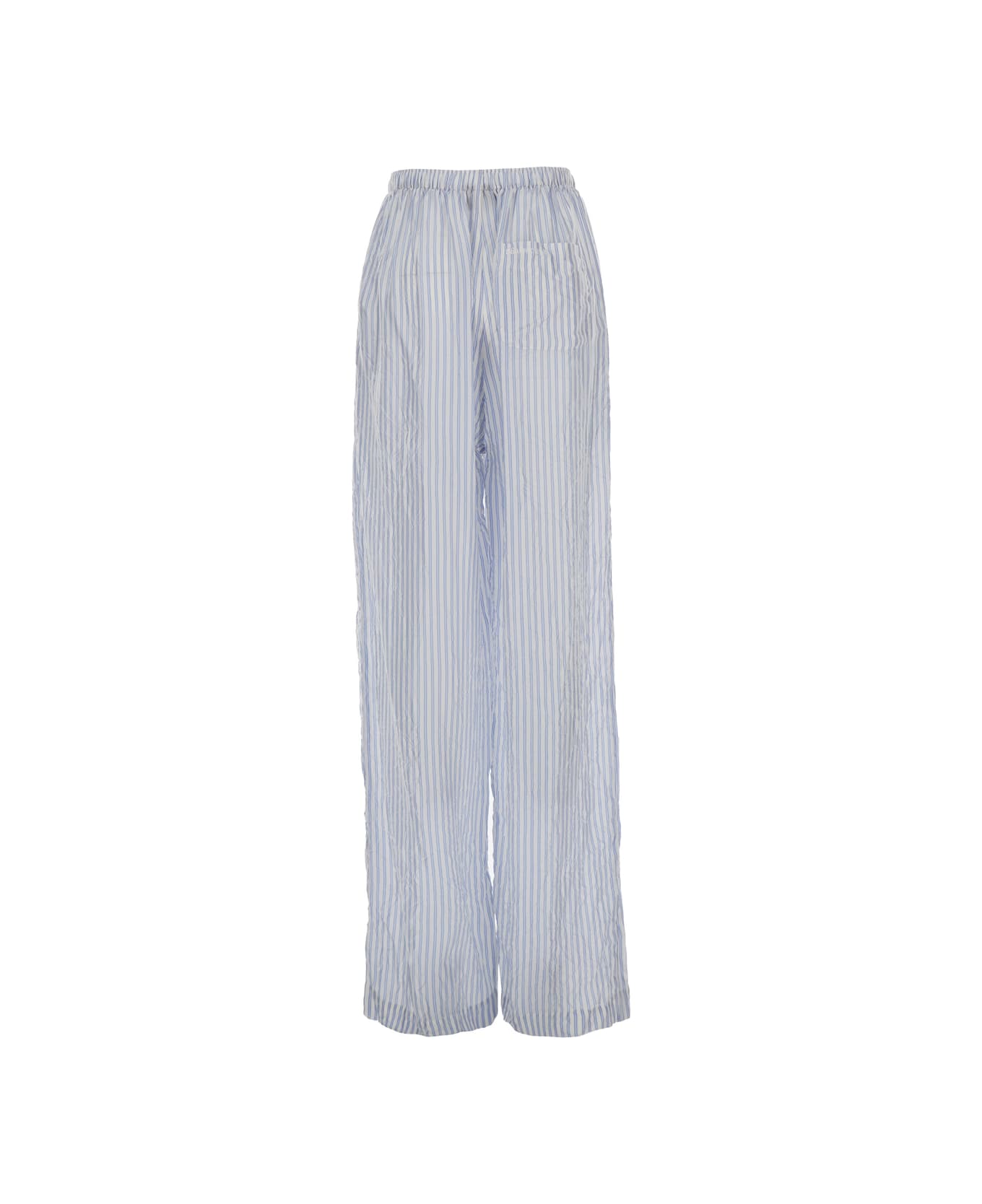 Balenciaga Light Blue And White Striped Pants With Logo Lettering Embroidery In Cupro Woman - Light blue