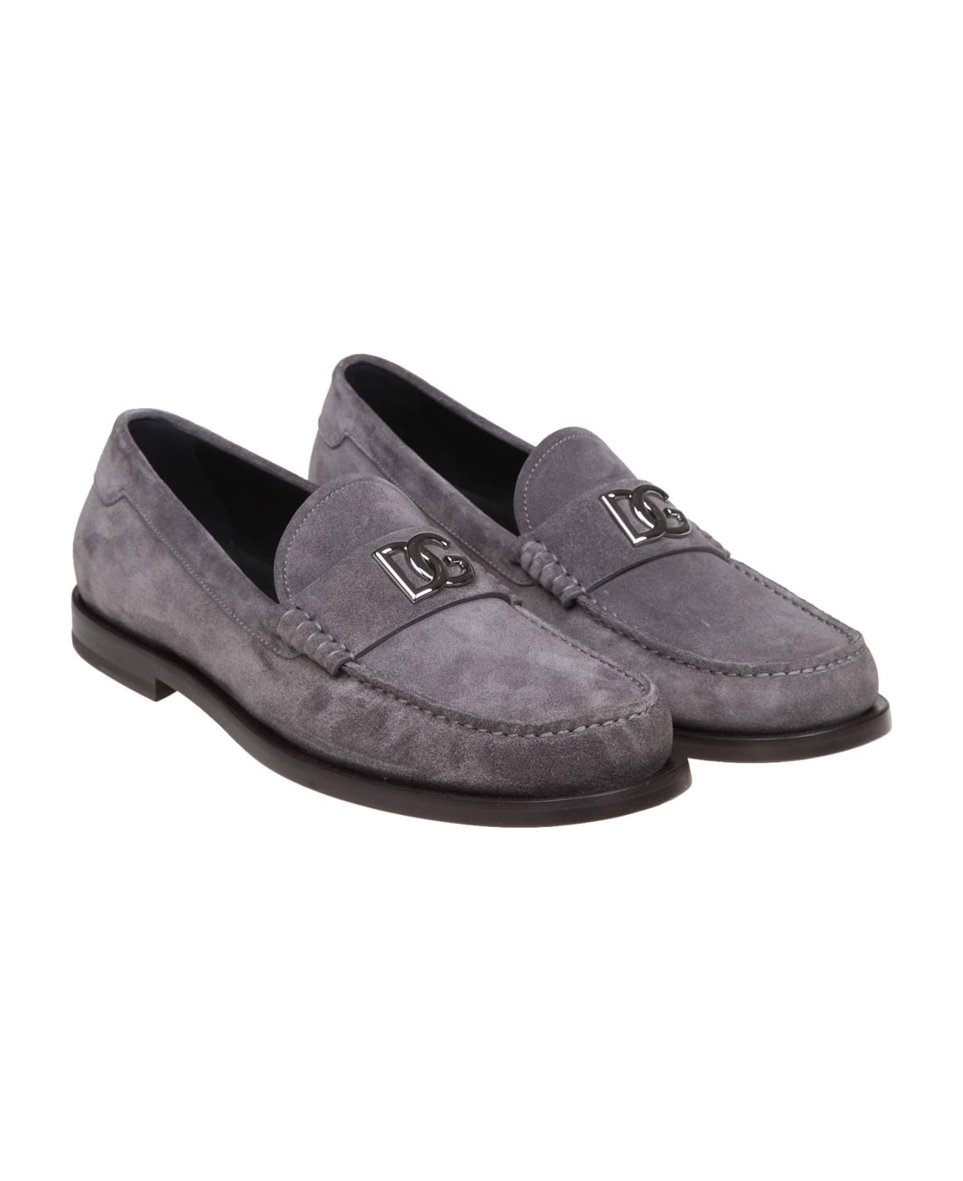Dolce & Gabbana Suede Loafers With Dg Logo - Grey ローファー＆デッキシューズ