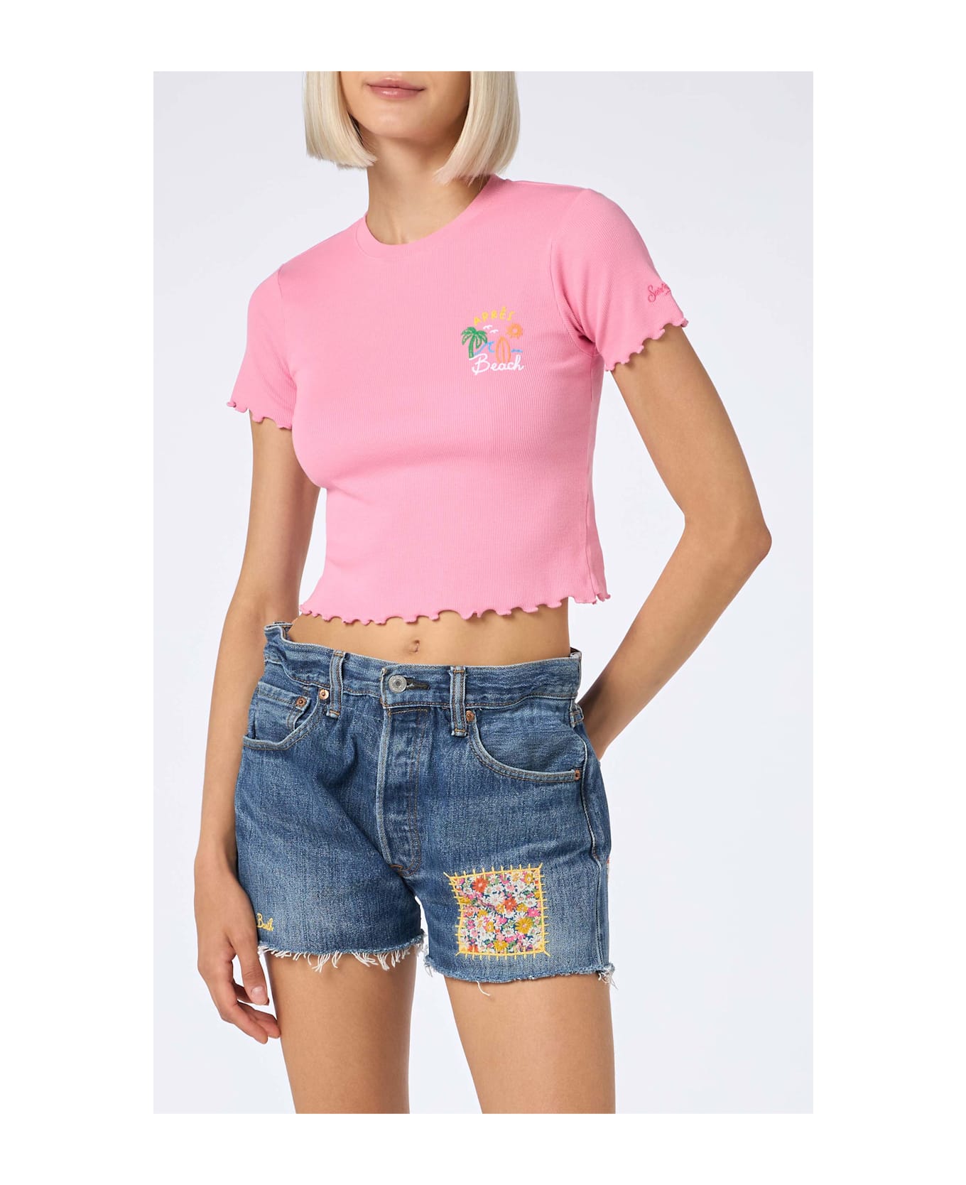 MC2 Saint Barth Woman Ribbed T-shirt With Après Beach Embroidery - PINK