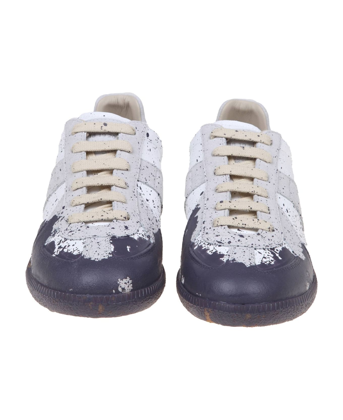 Maison Margiela Leather Sneakers With Paint Detail - White/Grey スニーカー
