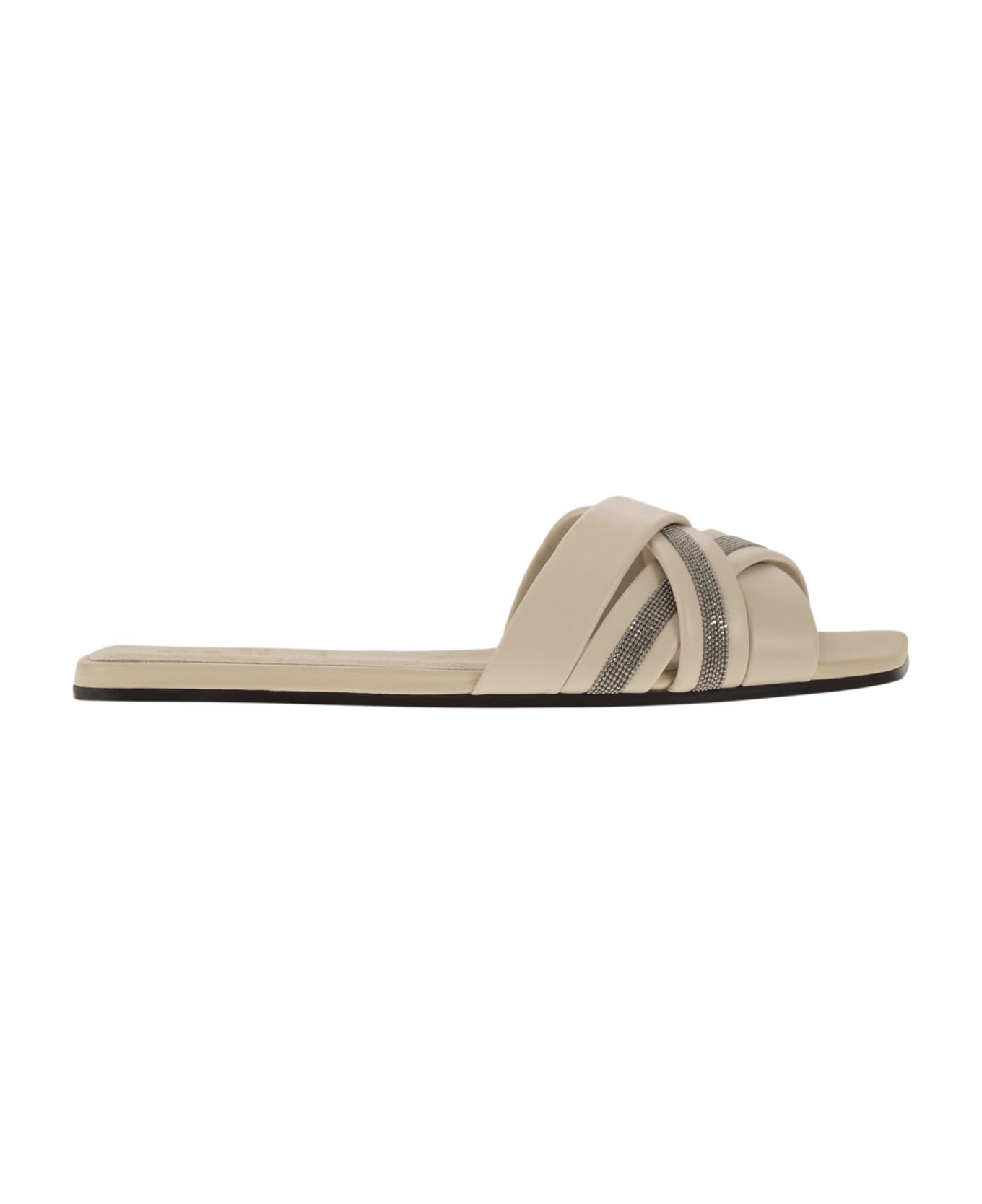 Brunello Cucinelli Nappa Leather Slides With Jewellery - Ivory