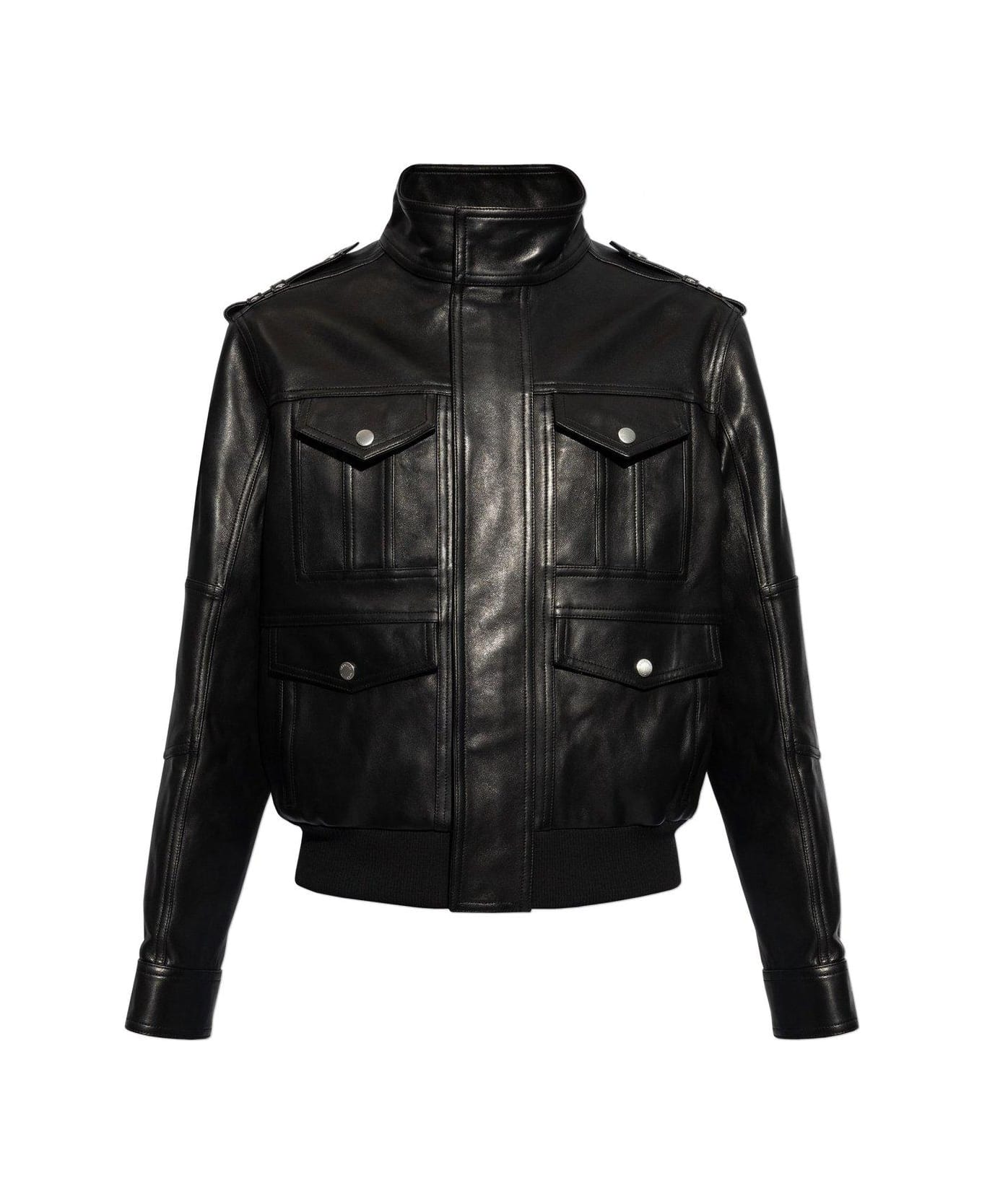 Balmain High-neck Leather Jacket - Black