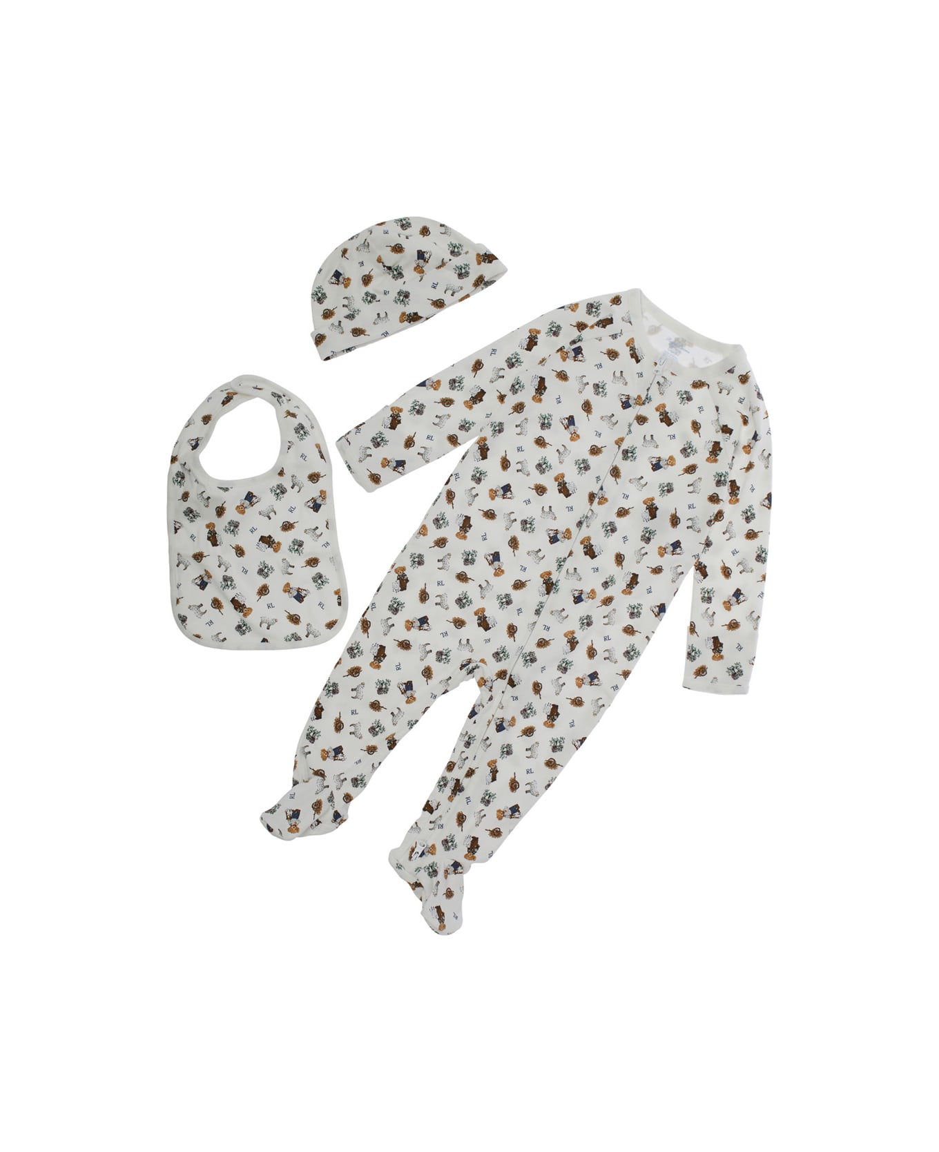Polo Ralph Lauren Set Of White Jumpsuits With Beanie And Bib With All-over Polo Bear Print In Cotton Baby - Multicolor