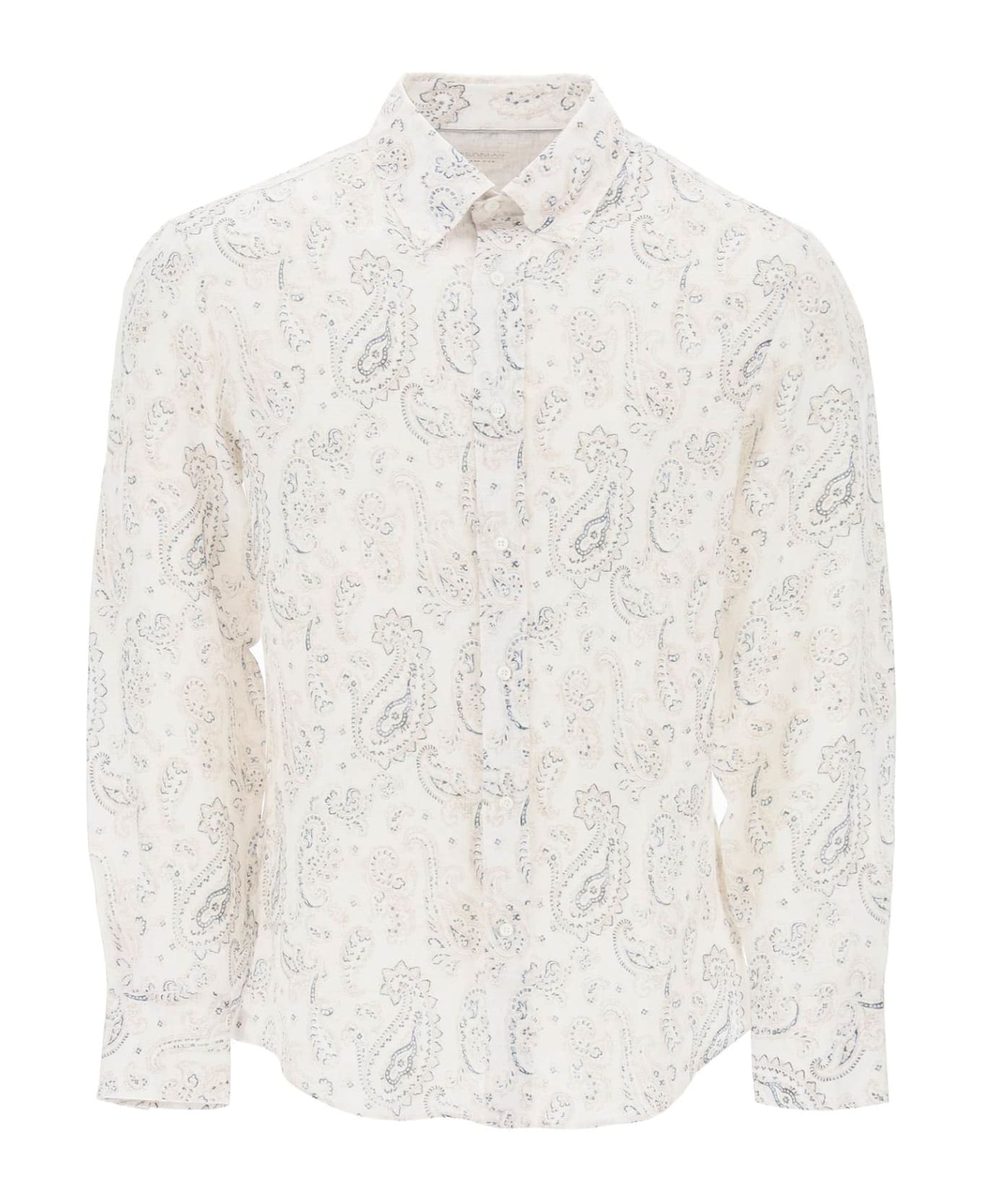 Brunello Cucinelli Linen Shirt With Paisley Pattern - BROWN PRUSSIA (White)
