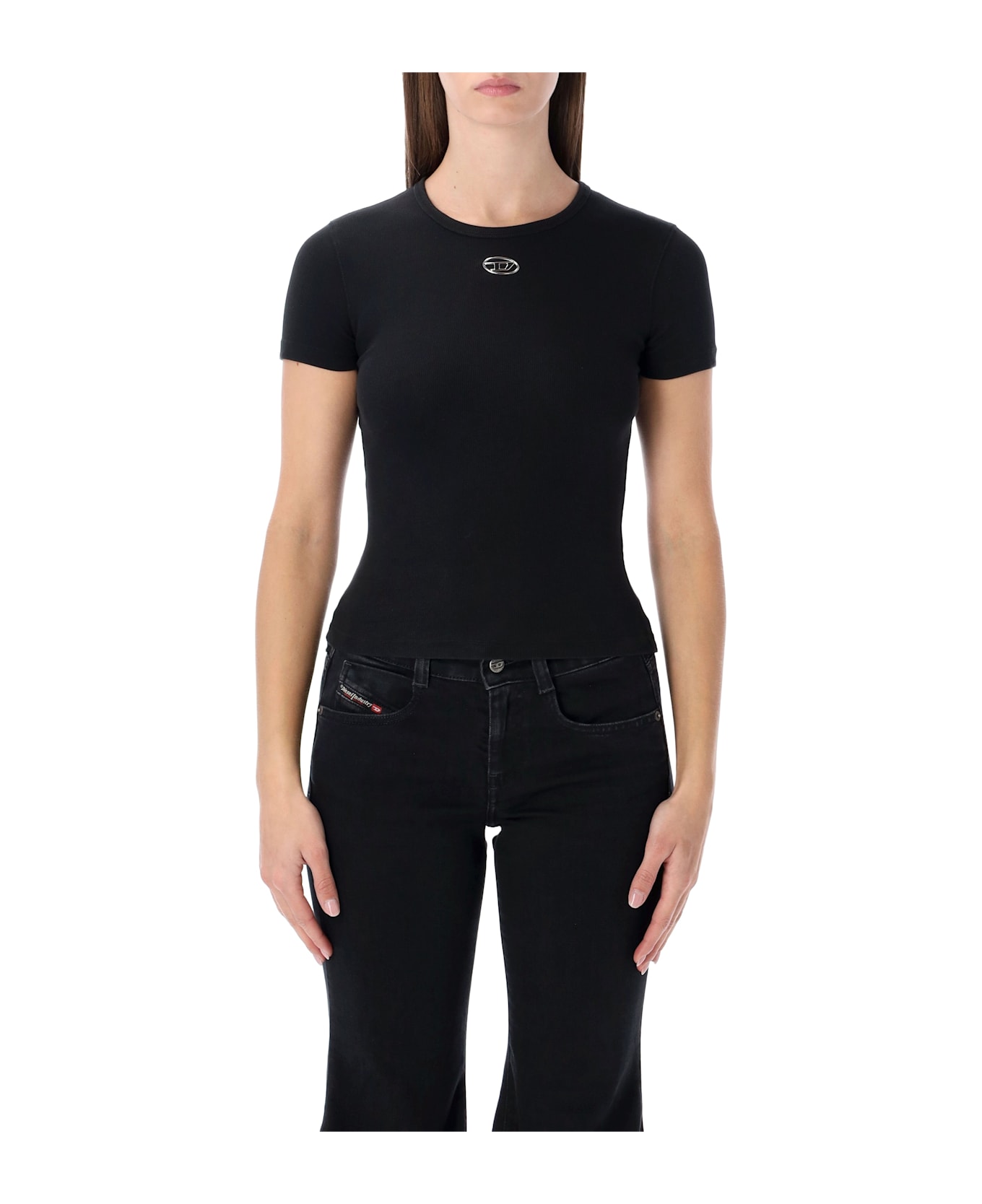 Diesel Slim-fit Stretch Cotton T-shirt With Metallic Oval D Logo - BLACK