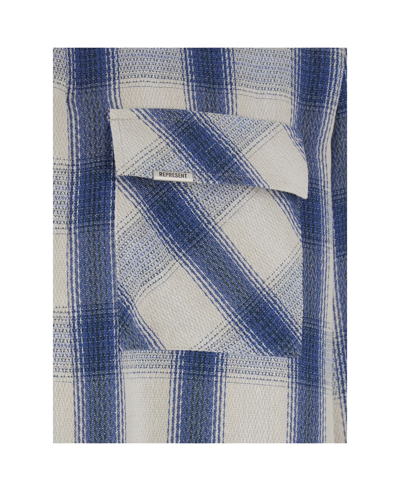 REPRESENT Blue Shirt With Classic Collar And All-over Check Motif In Cotton Blend Man - Blue, off-white