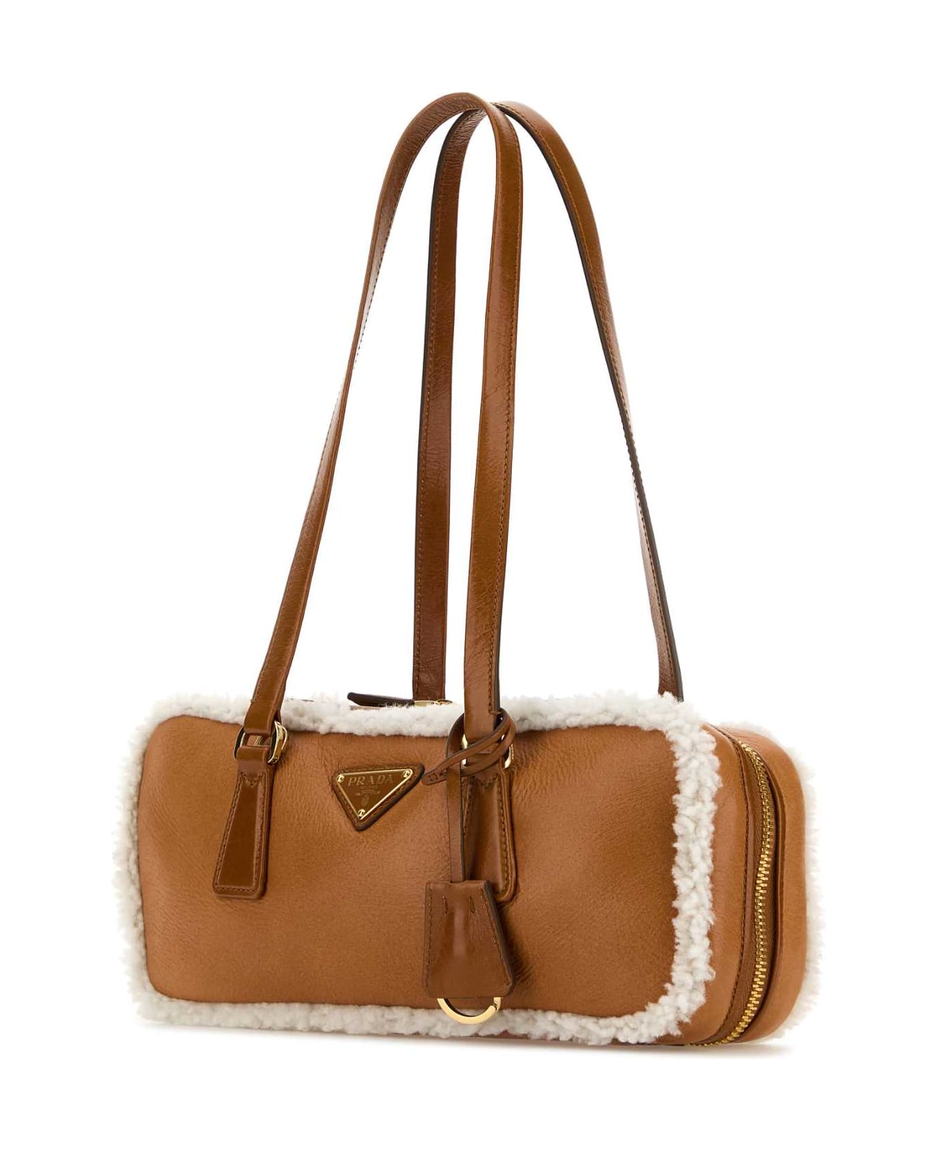 Prada Two-tone Leather And Shearling Handbag - COGNAC+NATURALE