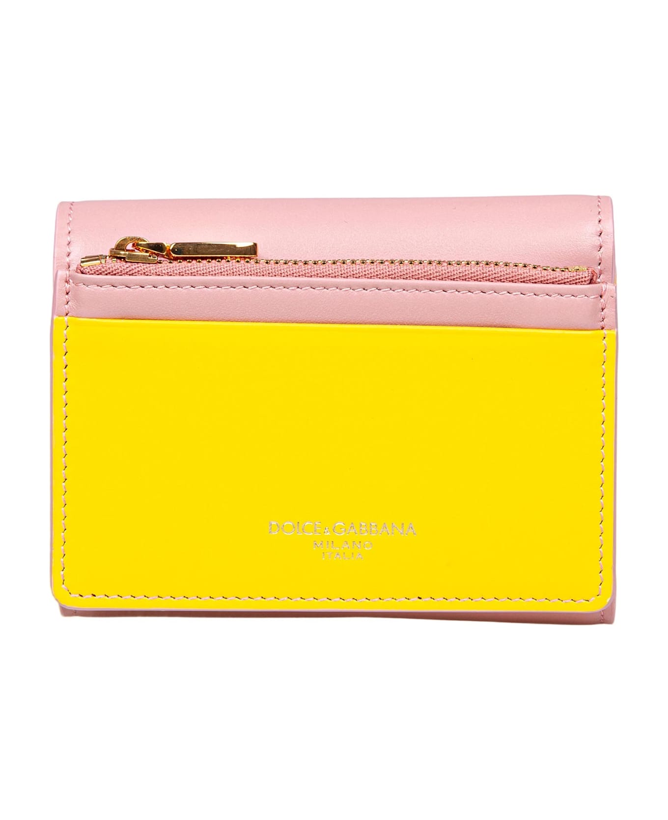 Dolce 
Gabbana Leather Wallet With Metal Dg Logo In Pink And Yellow Color - Pink/yellow