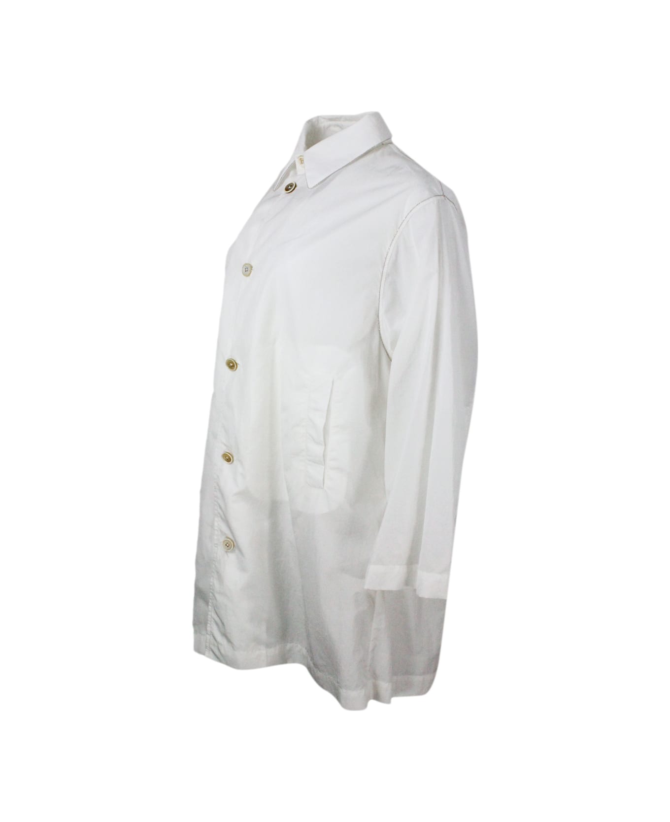 Fabiana Filippi Lightweight Nylon Windproof Outerware With Collar And Button Closure Embellished With Rows Of Brilliant Monili - White