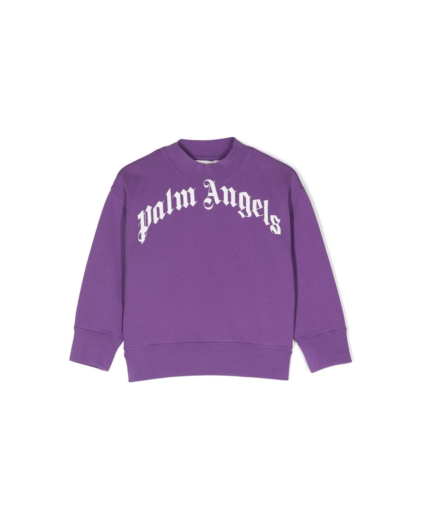 Palm Angels Purple Crew Neck Sweatshirt With Curved Logo - Purple