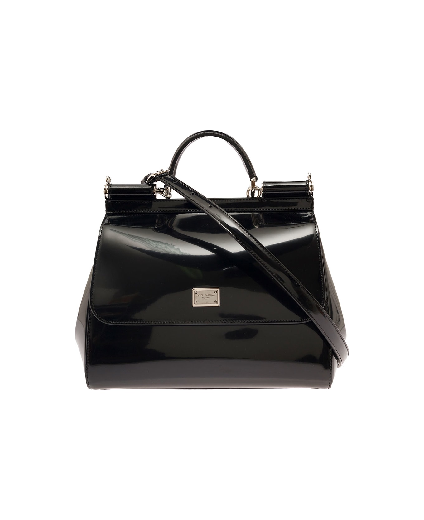 Dolce & Gabbana Black Sicily Medium Handbag In Shiny Leather Woman - Black トートバッグ
