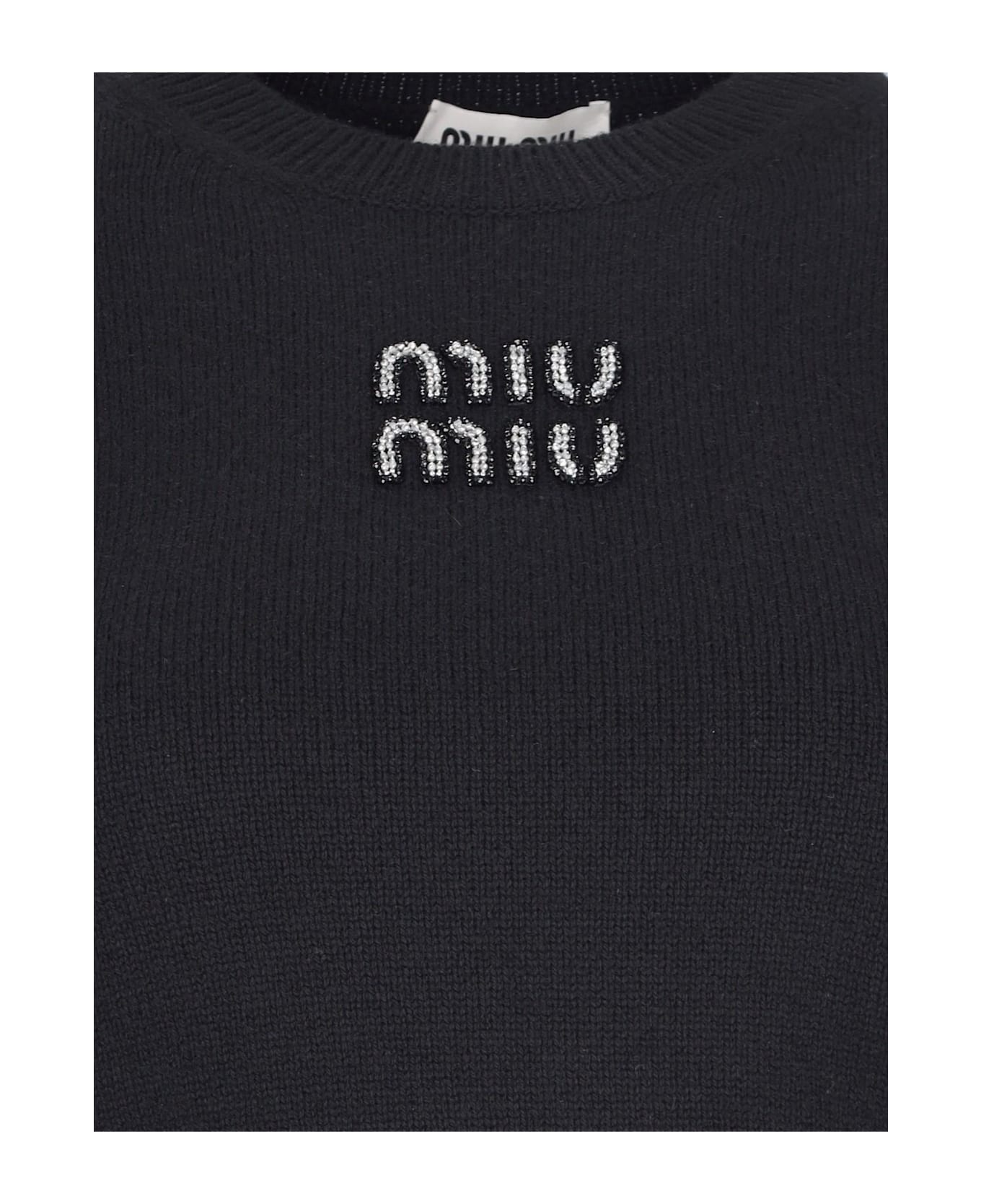 Miu Miu Cropped Sweater With Rhinestones - Nero