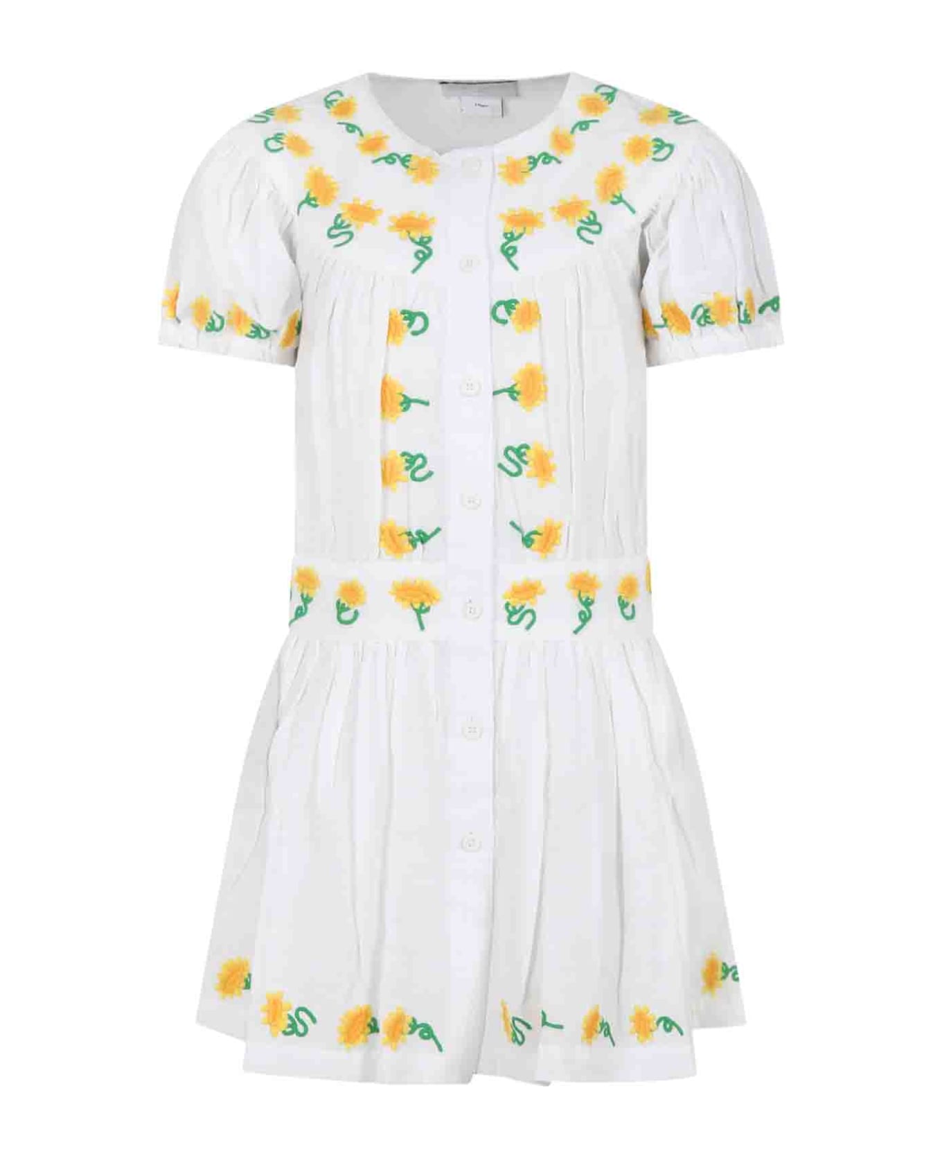 Stella McCartney Kids White Dress For Girl With Embroidered Sunflowers - White