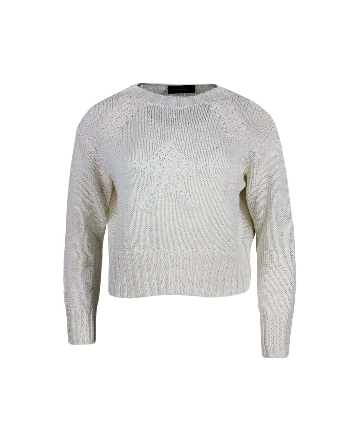 Lorena Antoniazzi Long-sleeved Crew-neck Sweater In Cotton With Refined Star Work On The Front - cream