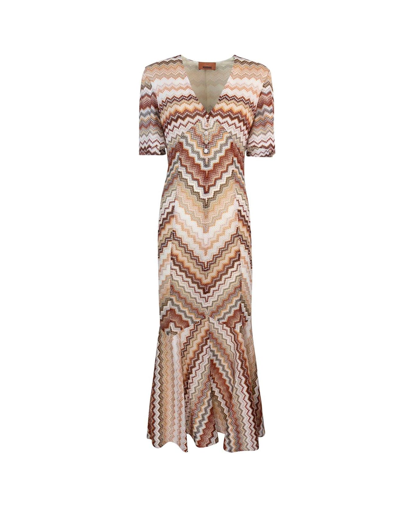 Missoni Serrated Zig Zag Pattern Long Flared Dress - BROWN