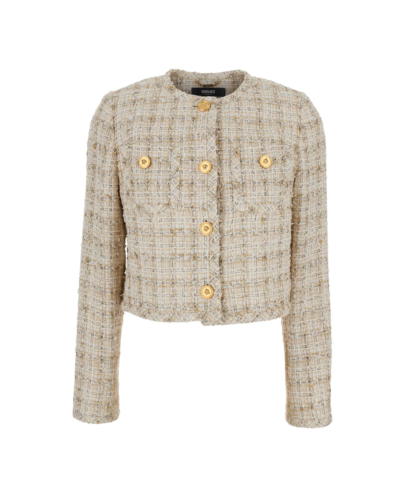 Versace Beige Cropped Jacket With Medusa Head Motif Button In Tweed Woman - Beige