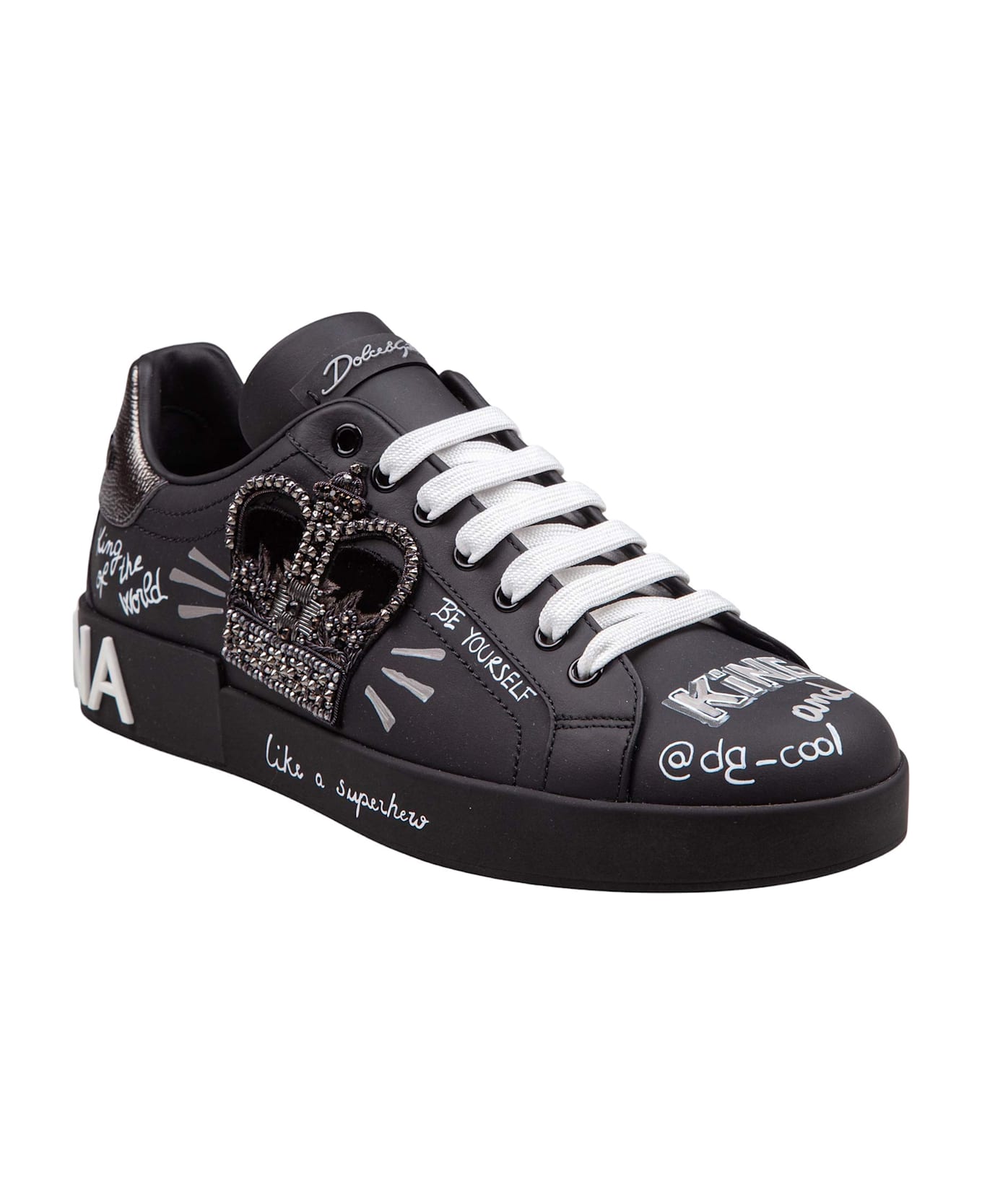 Dolce & Gabbana Portofino Leather Sneakers With Embroidery And Patches - Black / Silver