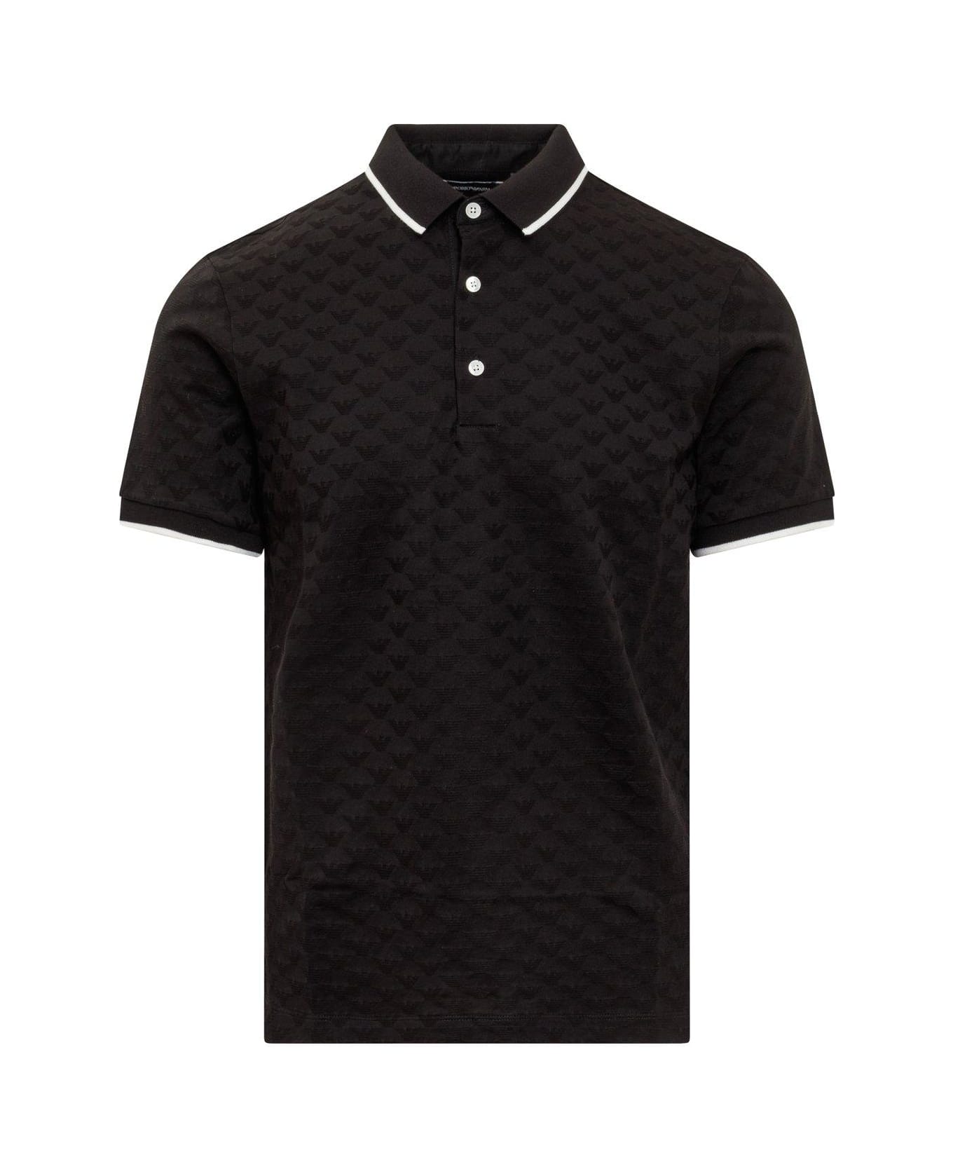 Emporio Armani Logo Embroidered Short Sleeved Polo Shirt - BLACK