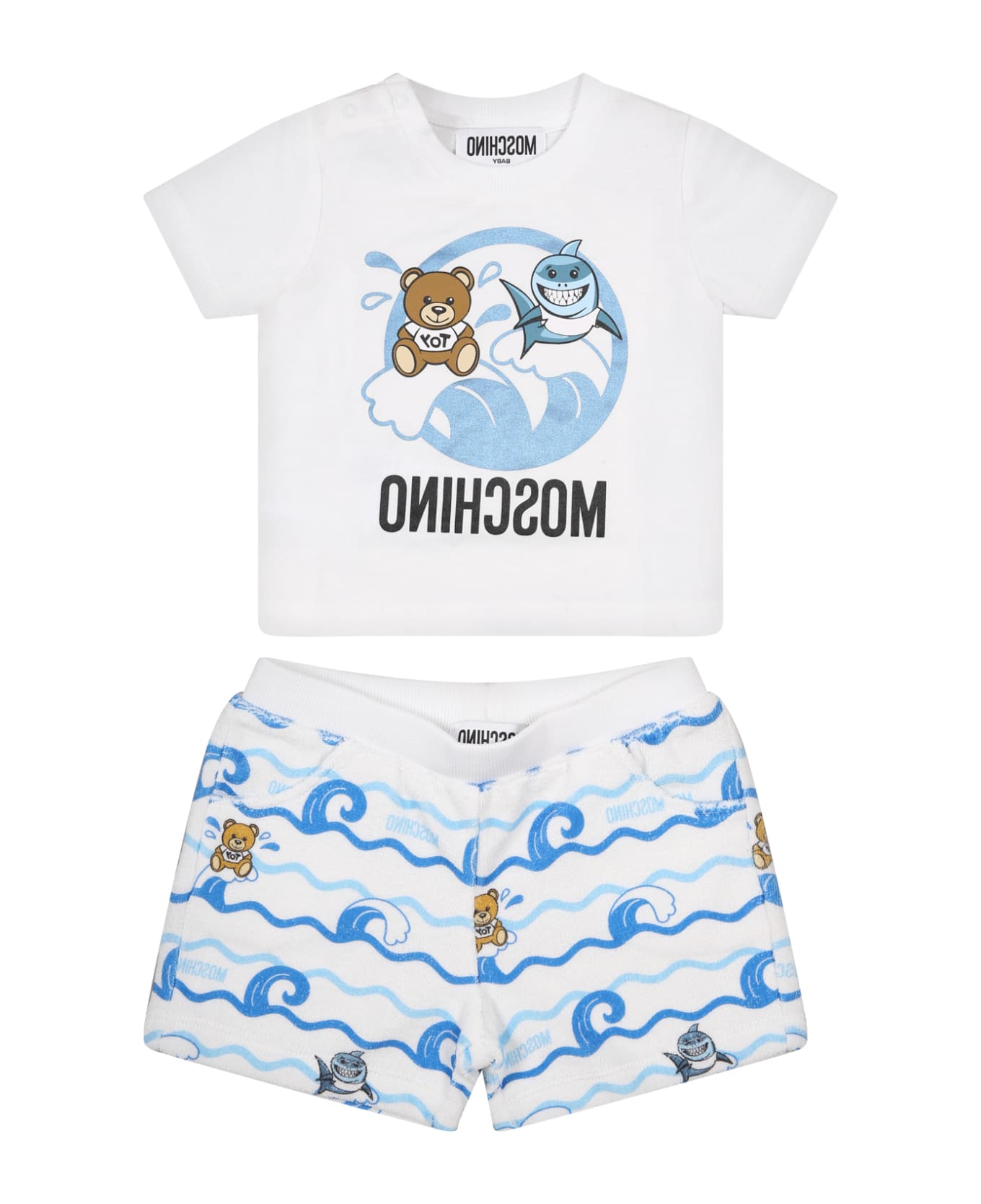 Moschino White Outfit For Baby Boy With Teddy Bear, Logo And Print - White