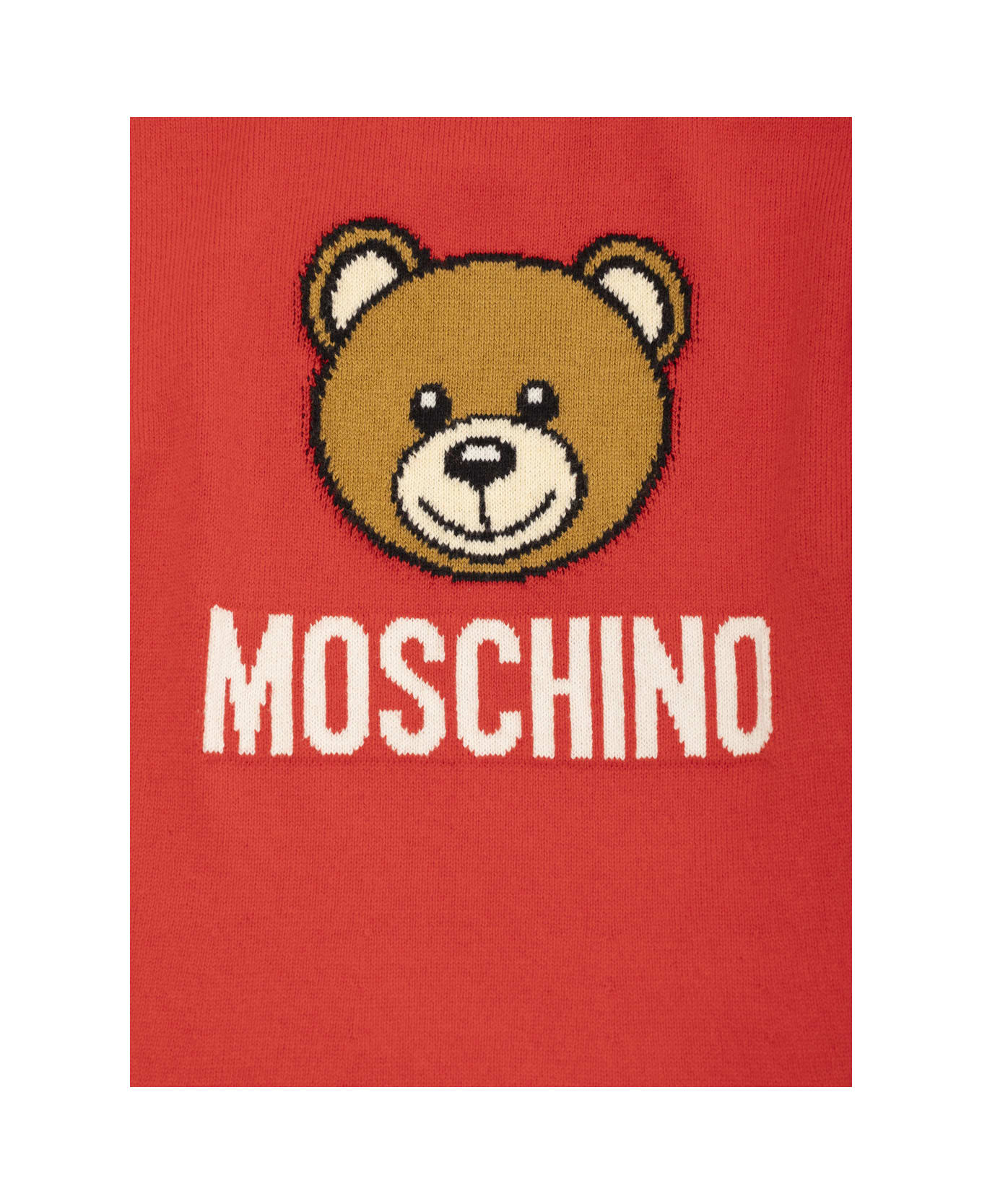 Moschino Red High Neck Dress With Teddy Print In Cotton And Wool Girl - Red
