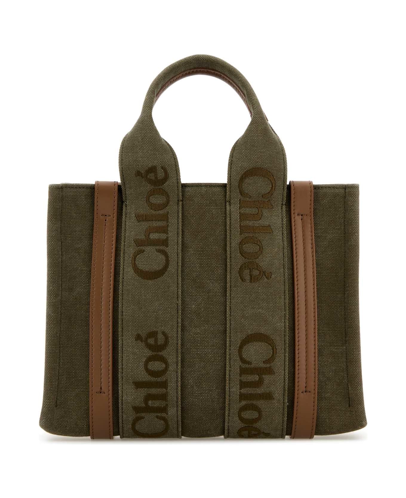 Chloé Khaki Canvas Small Woody Shopping Bag - DARKKHAKI