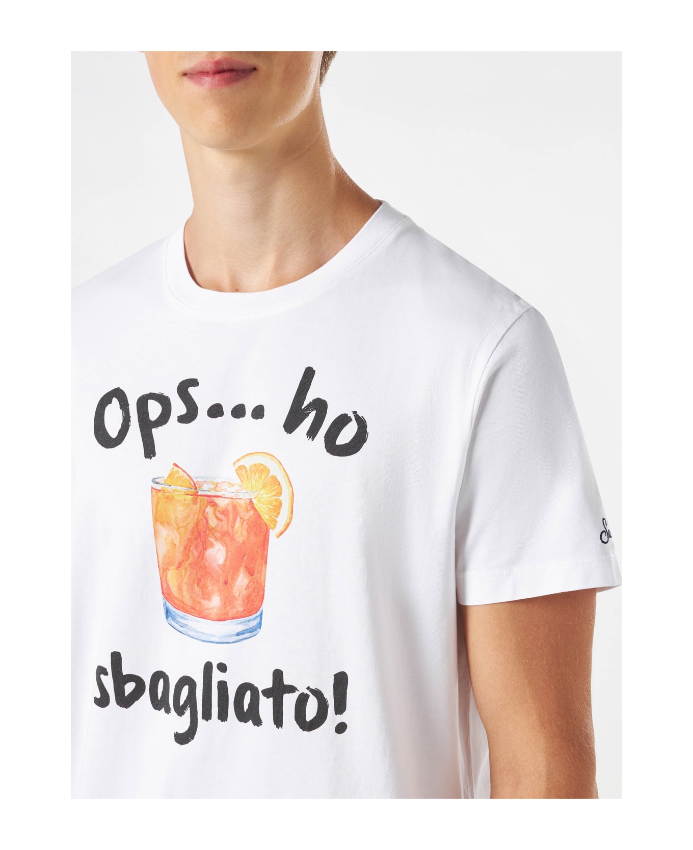MC2 Saint Barth Man Cotton T-shirt With Sbagliato Drink Print - WHITE