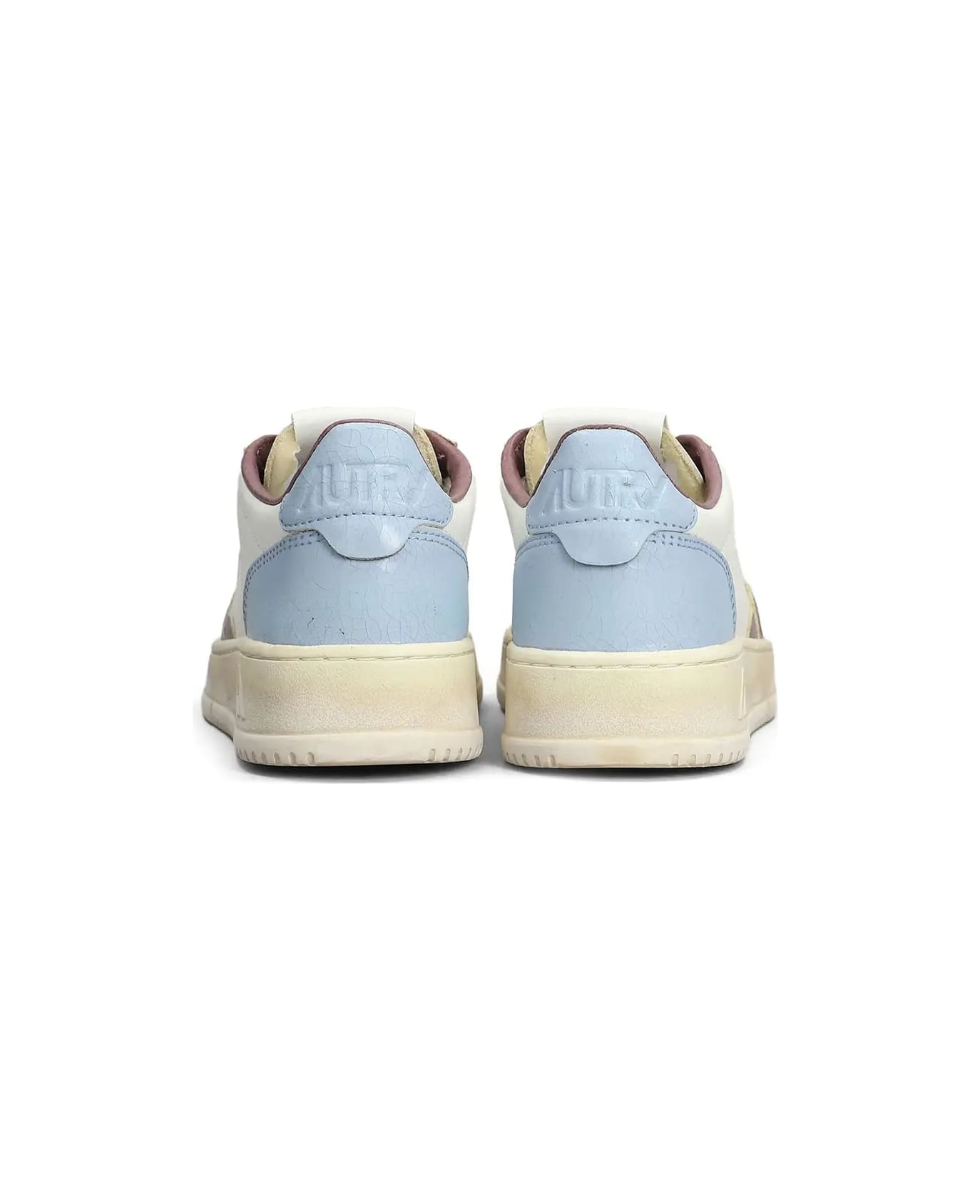 Autry Super Vintage Medalist Low Sneakers In White, Celestial Blue And Taupe Leather - white