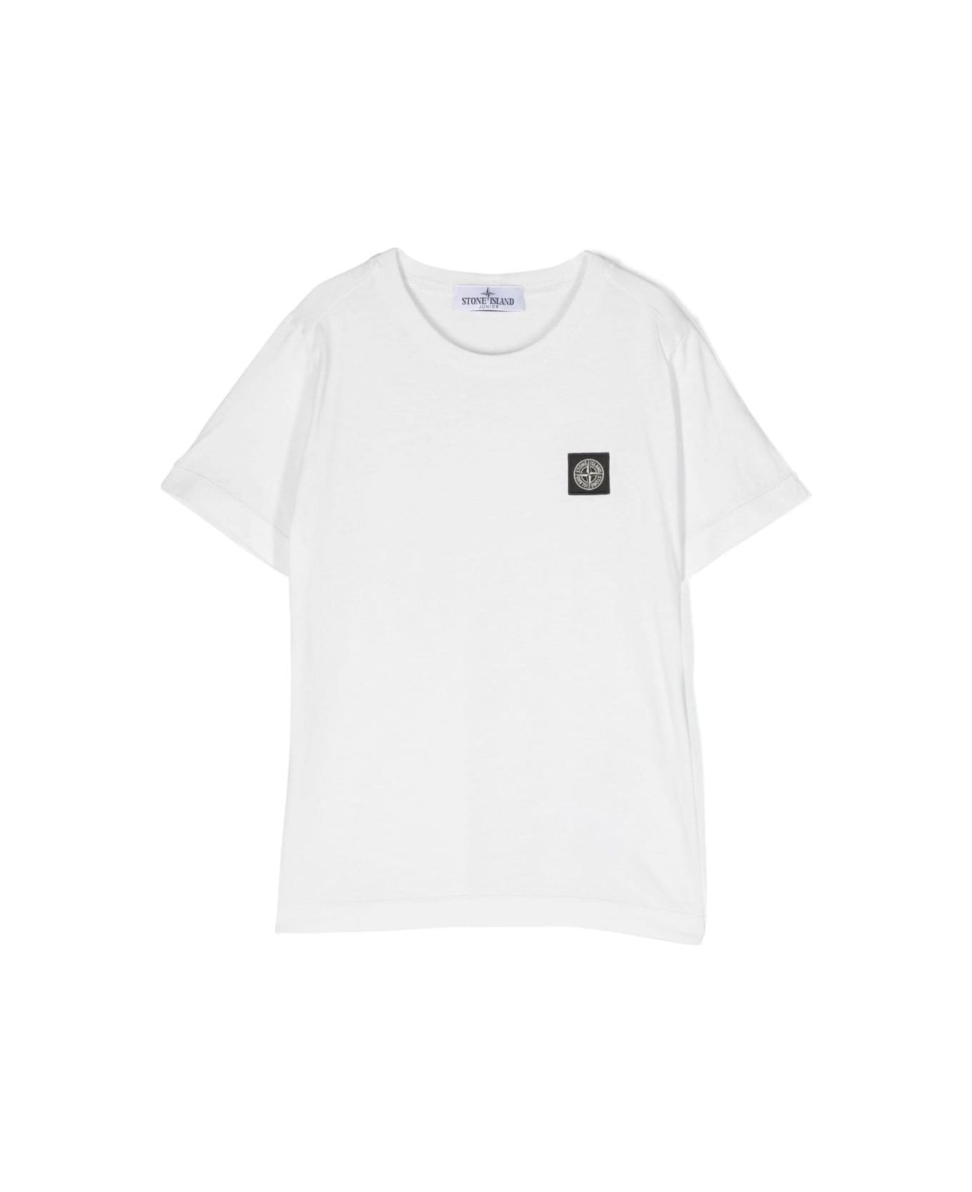Stone Island Junior White Crewneck Short-sleeved T-shirt And Contrasting Patch Logo In Cotton Boy