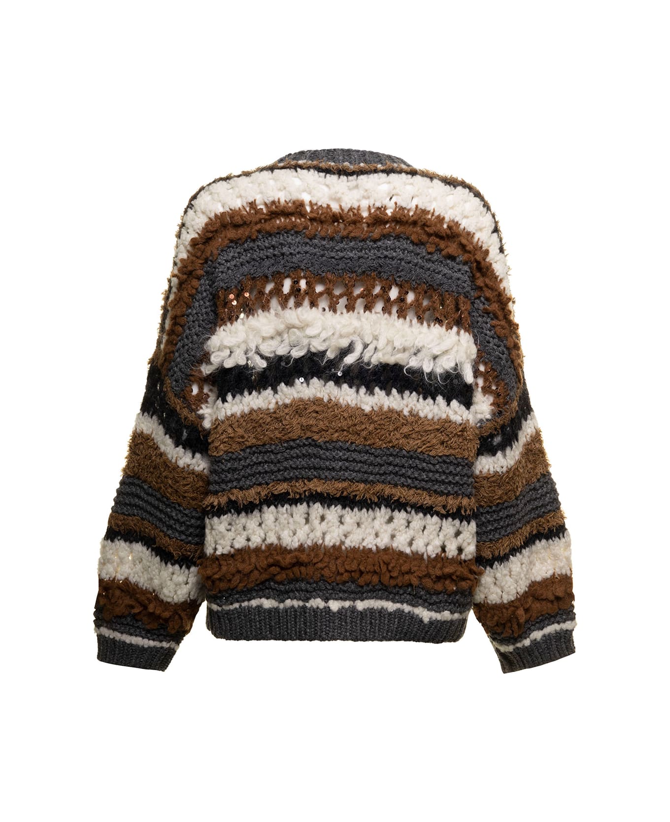 Brunello Cucinelli Handmade Cashmere Sweater With Stripes And Sequins Brunello Cucinelli Woman - Brown