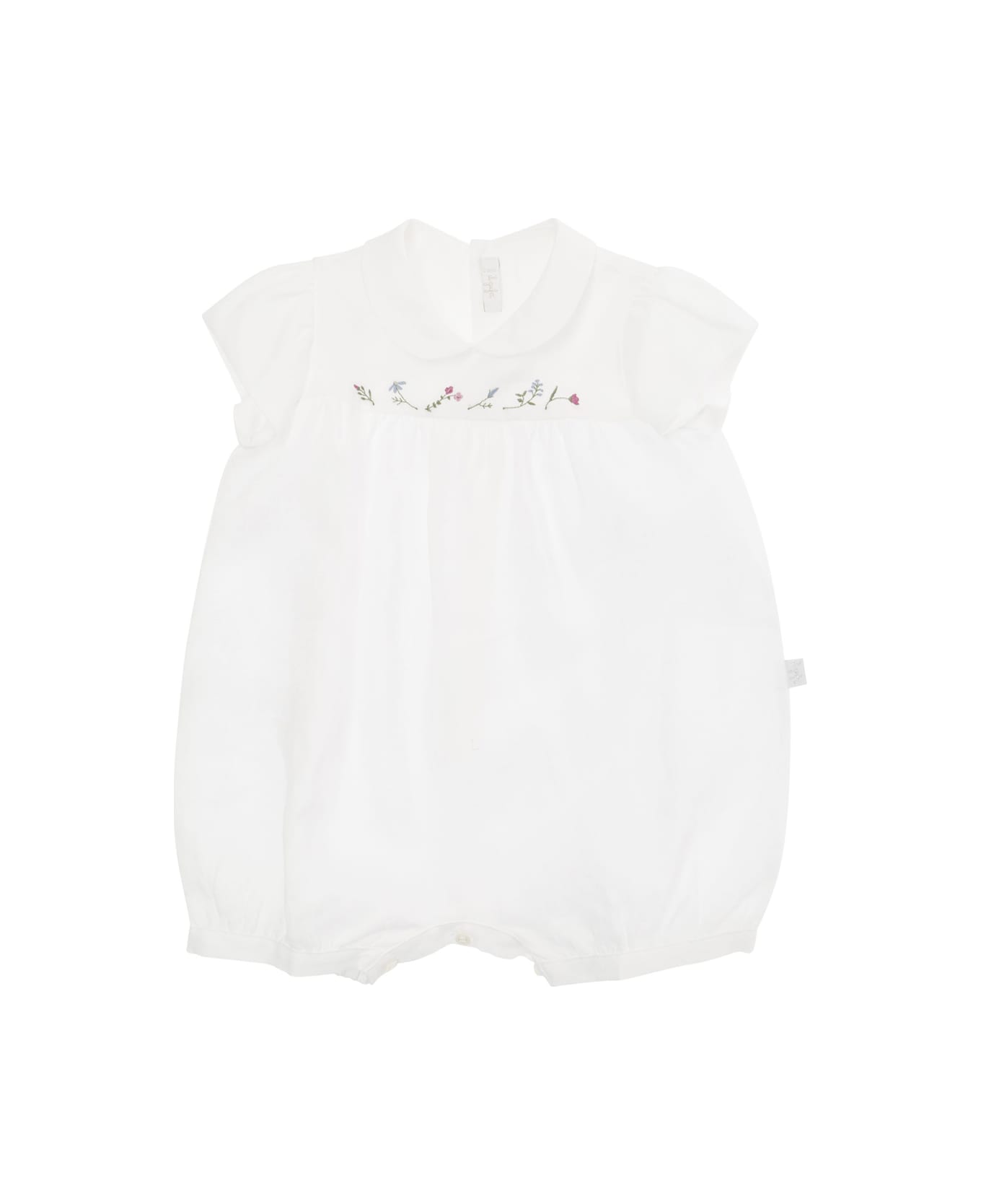 Il Gufo White Romper With Flower Embroideries And Peter-pan Collar In Linen Baby - White