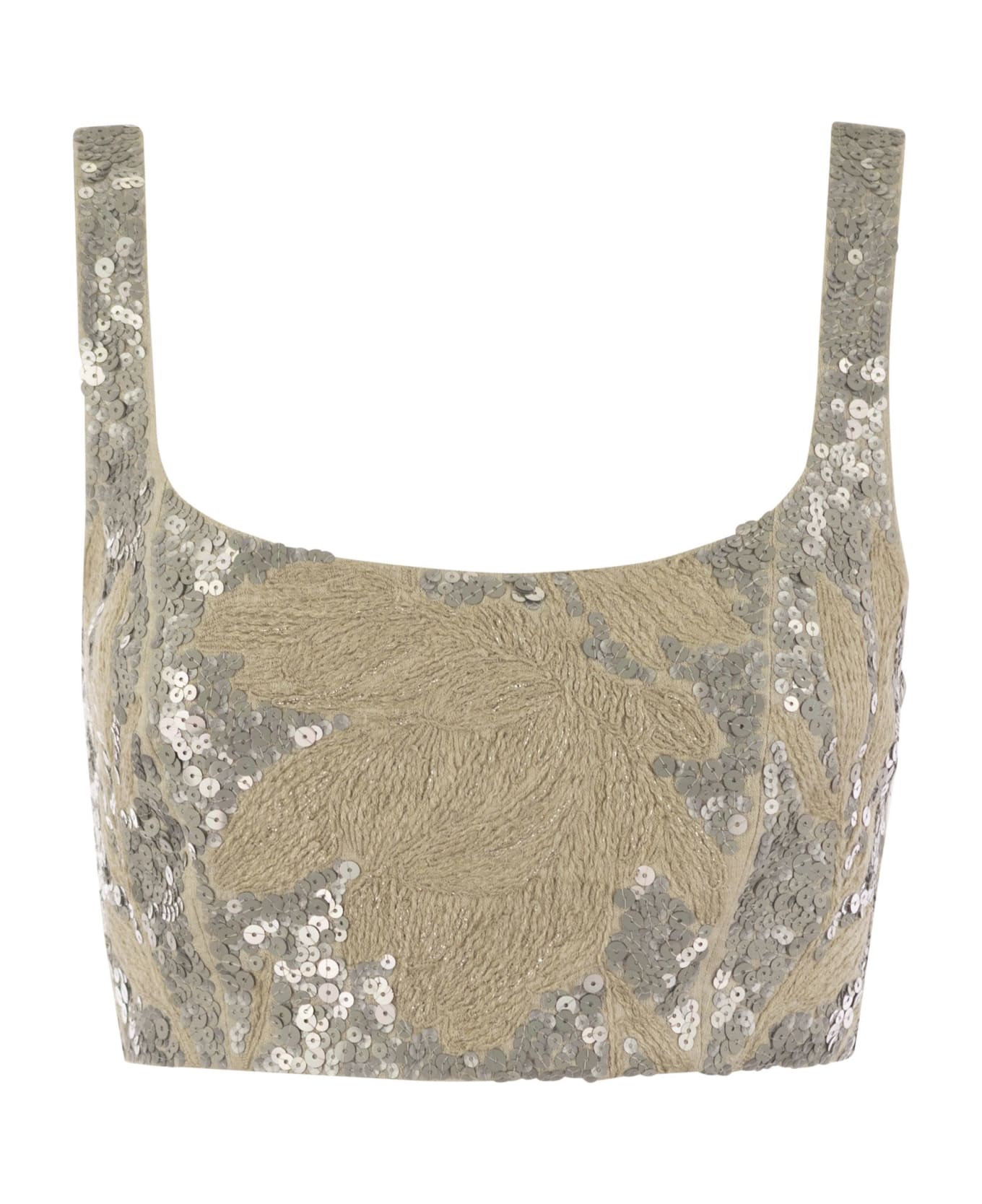 Brunello Cucinelli Light Linen Crop Top With Embroidery - Natural