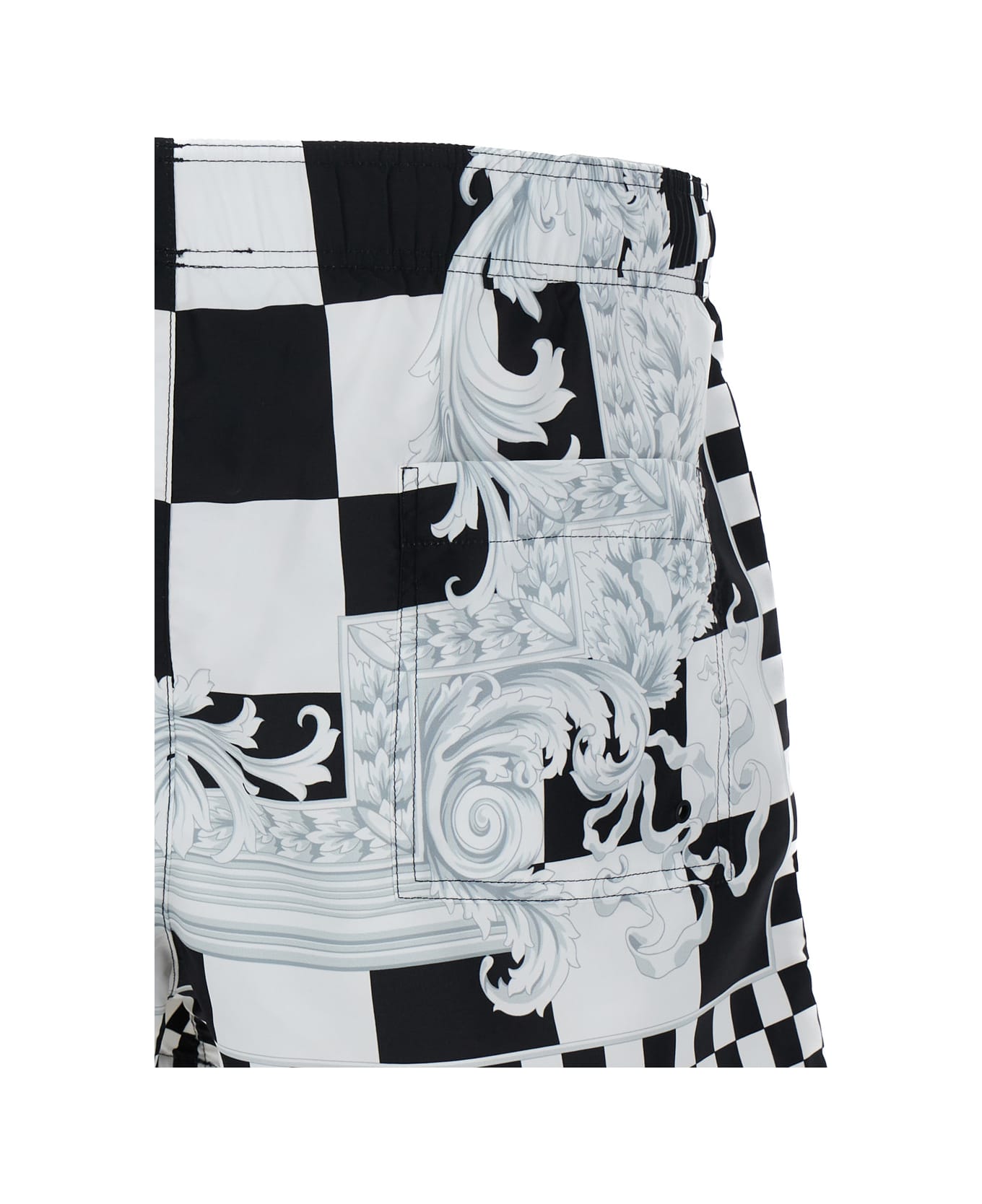Versace Light Blue And Black Swim Trunks With Nautical Barocco Print In Tech Fabric Man - White