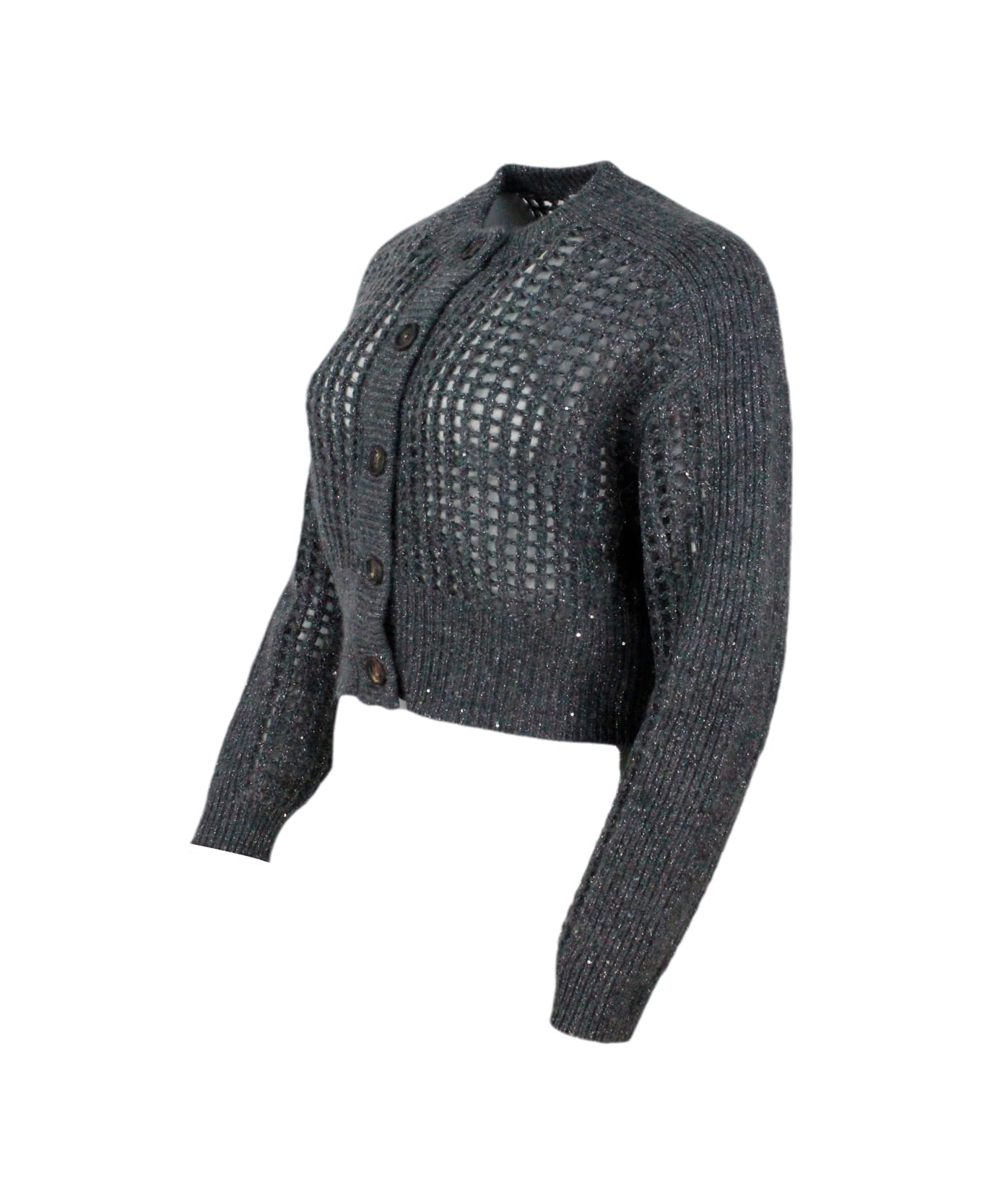 Brunello Cucinelli Long-sleeved Mesh Cardigan Sweater In Fine Wool, Cashmere And Mohair Embellished With Lamè Yarn For Shiny Reflections. Slightly Cropped Cut - Grey カーディガン