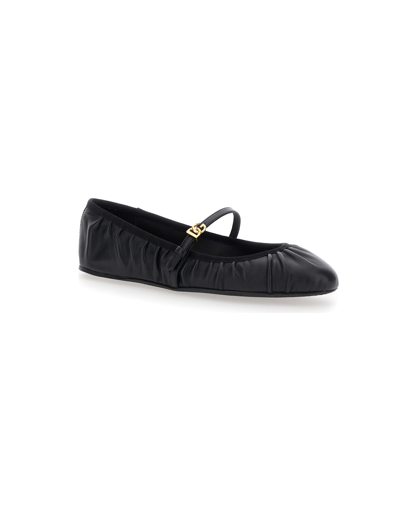 Dolce & Gabbana Black Ballerinas With Metallic Logo And Strap In Leather Woman - Black