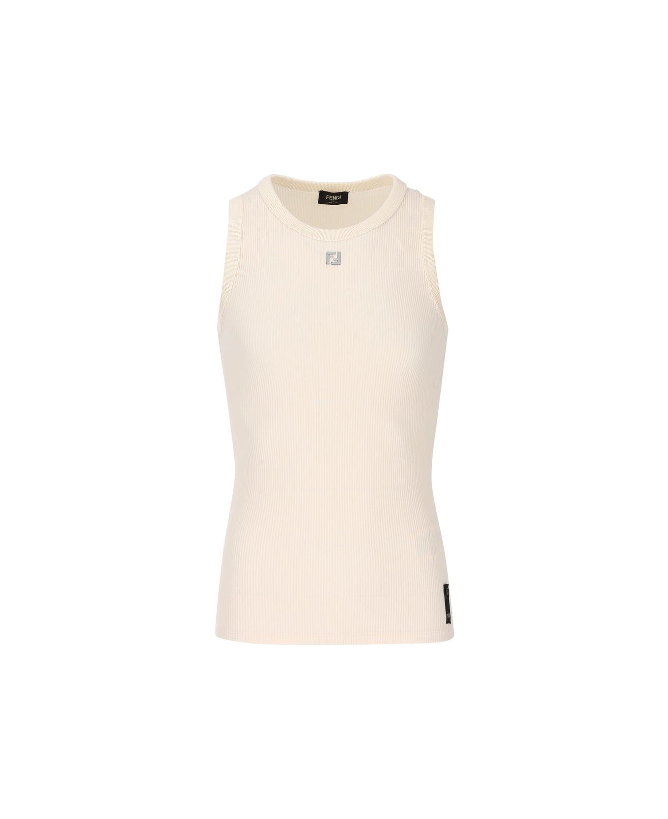 Fendi For Logo Plaque Ribbed-knit Top - White