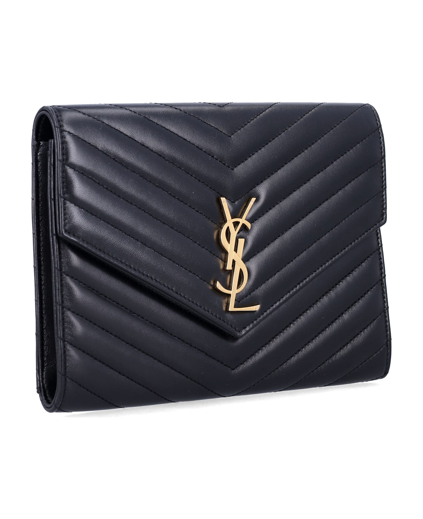 Saint Laurent Cassandre Matelassé Flap Pouch In Quilted Lambskin - BLACK