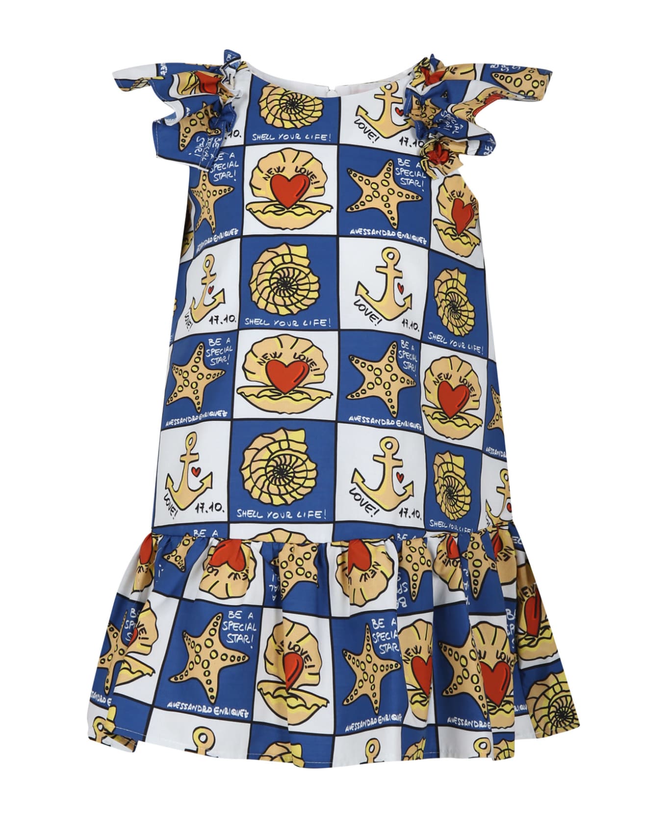 Alessandro Enriquez Blue Dress For Girl With Pop Print - Blue ワンピース＆ドレス