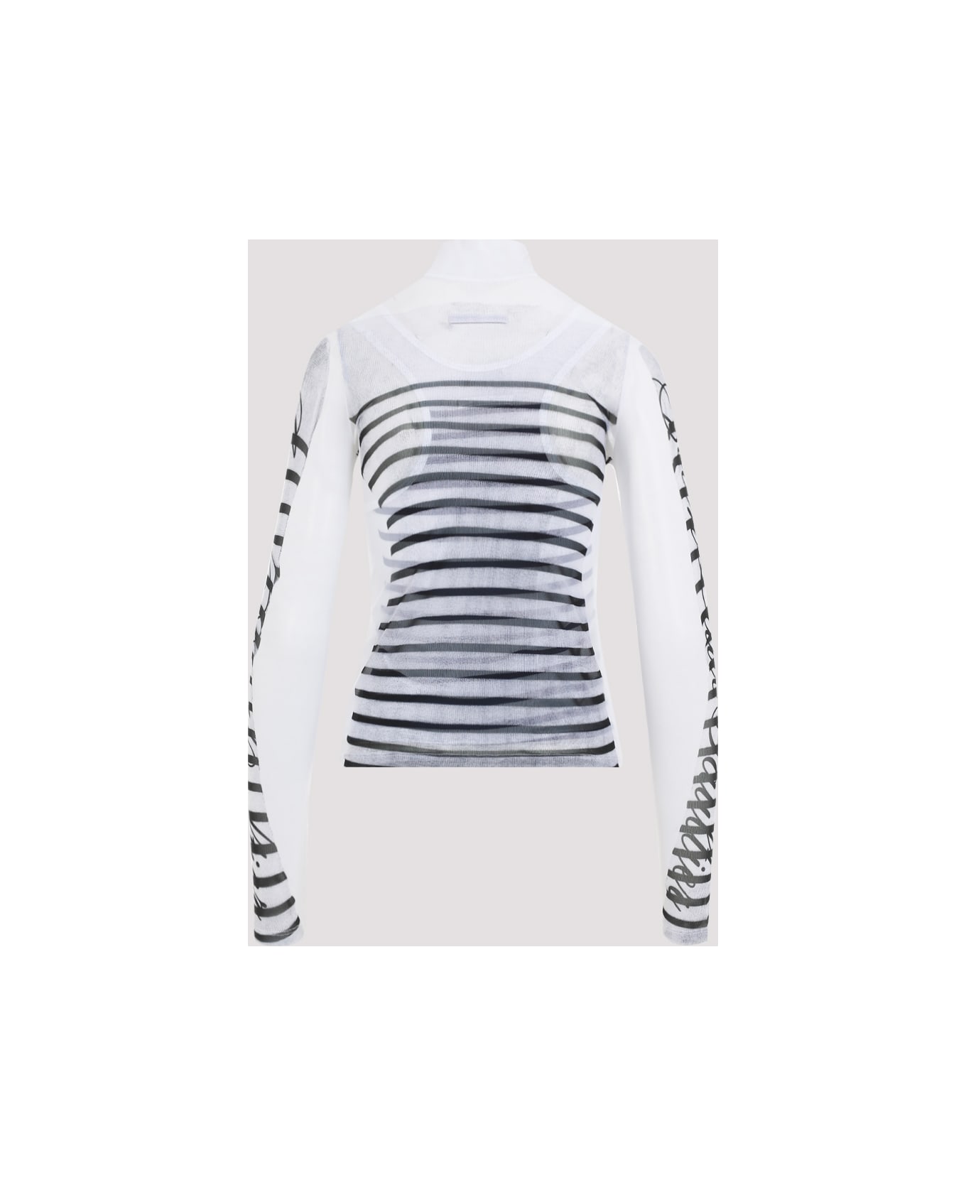 Jean Paul Gaultier Spandex Mesh Printed Feathers Mariniere Top - White Navy Black